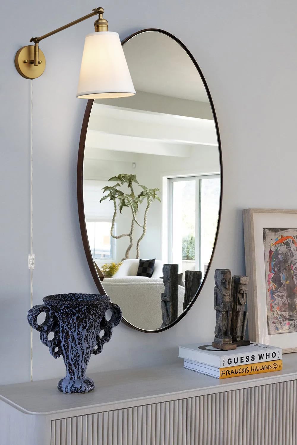 Retro Swing Arm Wall Sconce Plug in Wall Lamp Single Sconce Light Fixture with White Fabric Shade for Bedroom Living
