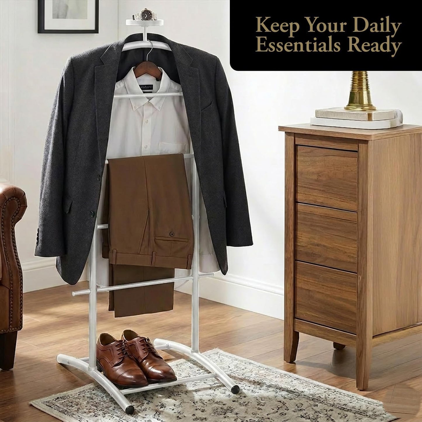 Kings Brand Freestanding Metal Suit Valet Stand with Tie Bar, White | Complete Clothing Organizer with Hanger, Trouser