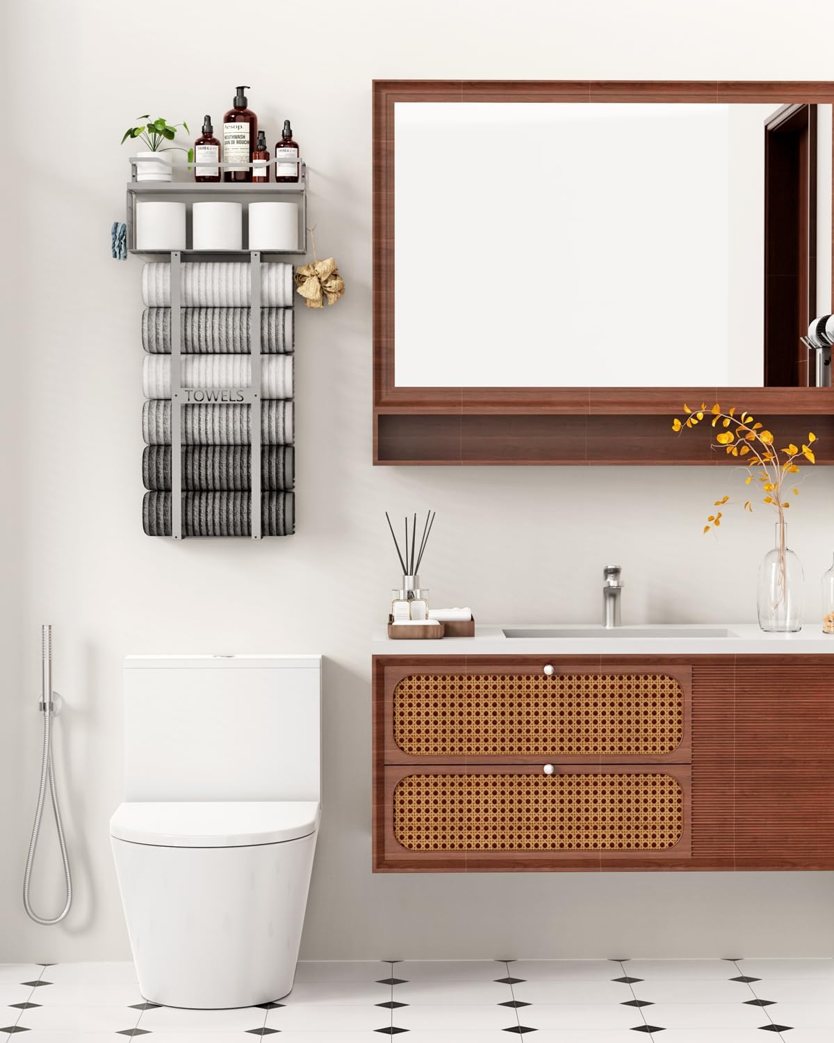 Aetyord Towel Racks for Bathroom - Wall Mounted Metal Rack with Wood Plank, Bathroom Storage Organizer, Towel Holder
