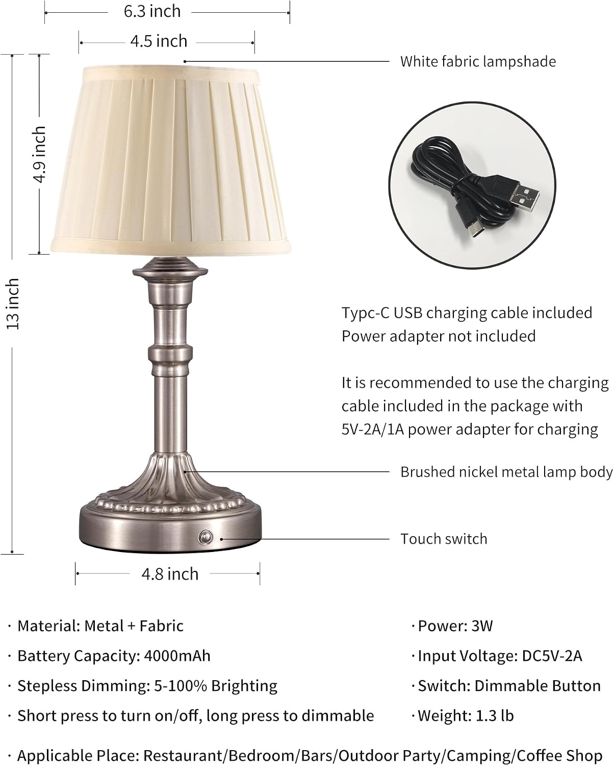 KDG Nickel Cordless Table Lamps Set of 2, Beige Fabric Shade Desk Lamp | Portables 4000mAh Battery Powered, Small LED