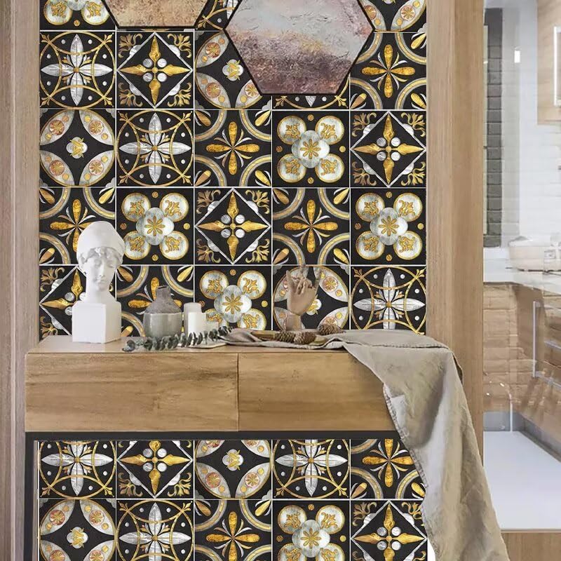 Self-Adhesive Vintage Moroccan Tile Decals Peel / 15cm * 15cm / Gold Black / 6 x 6 / Set of 10