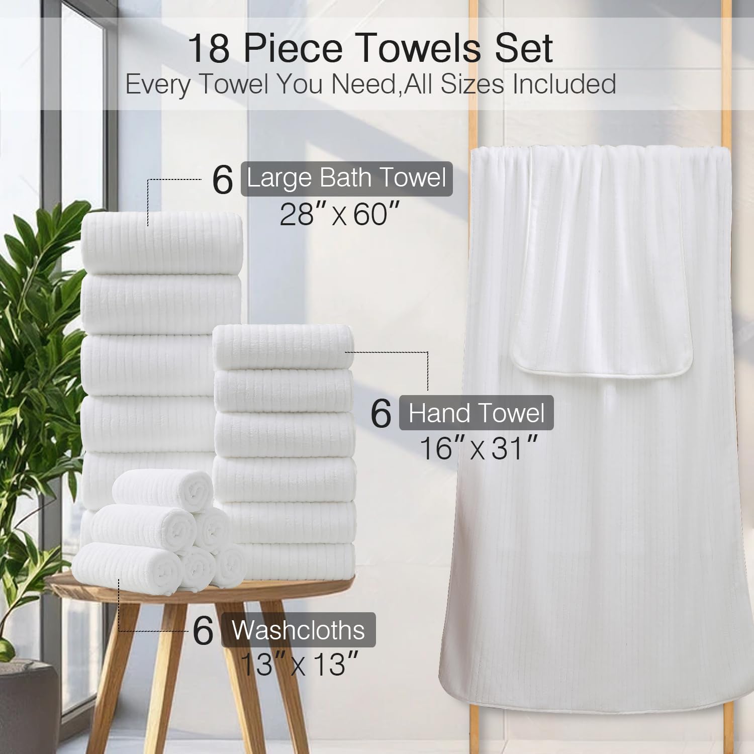 18 Piece Family Bath Towel Set Include 6 Bath Towels,6 Hand Towels and 6 Washcloths Soft Bathroom Towel with Hanging