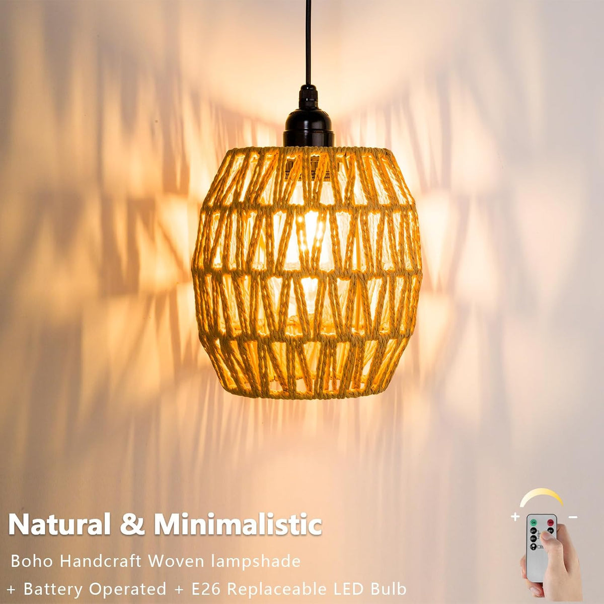 Battery Operated Chandelier, 2 Pack Natural Rattan Pendant Lights - Waterproof Outdoor Boho Hanging Lamps with