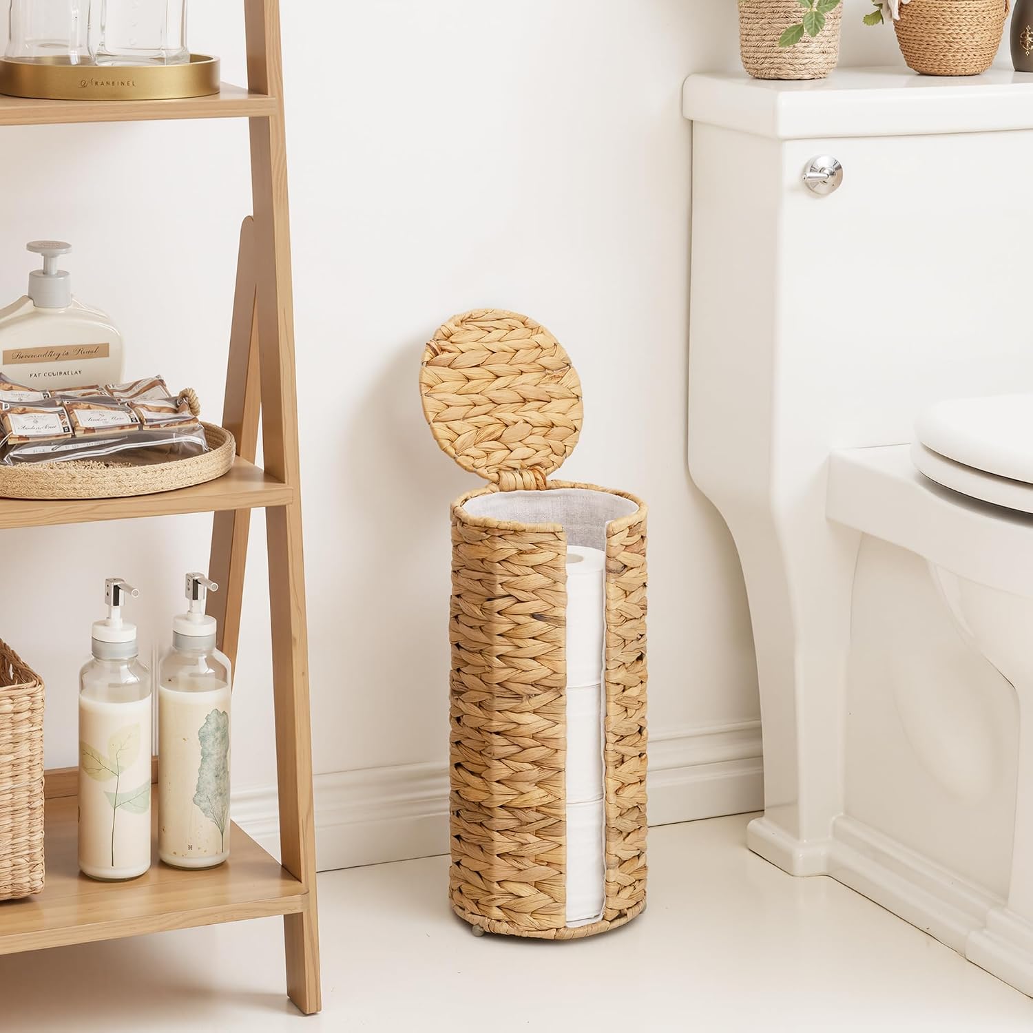 StorageWorks Water Hyacinth Free Standing Toilet Paper Holder Stand for Bathroom, 3 Rolls of Toilet Tissue Storage with