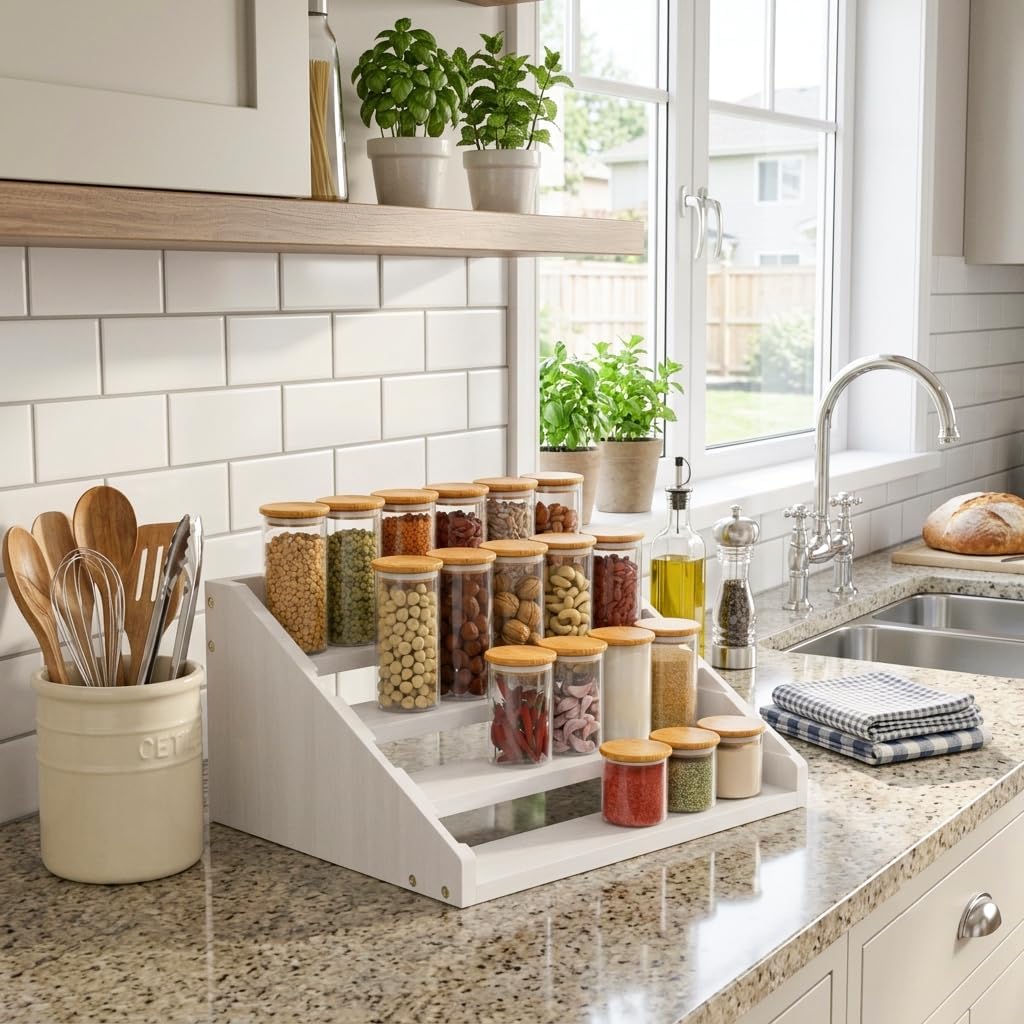Solid Wood Spice Rack Organizer for Countertop & Cabinet, 4 Tier Adjustable Wooden Spice Shelf with Sliding Track