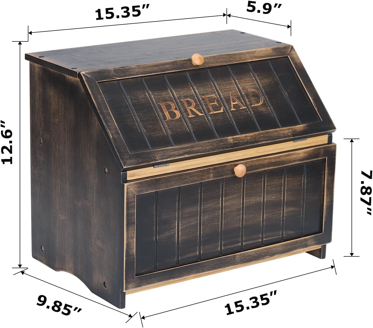 HOMEKOKO Vintage Double Layer Large Bread Box, Wood Bread Storage Bin,Black | Keeps Bread Fresh 3-4 Days, 2-Tier