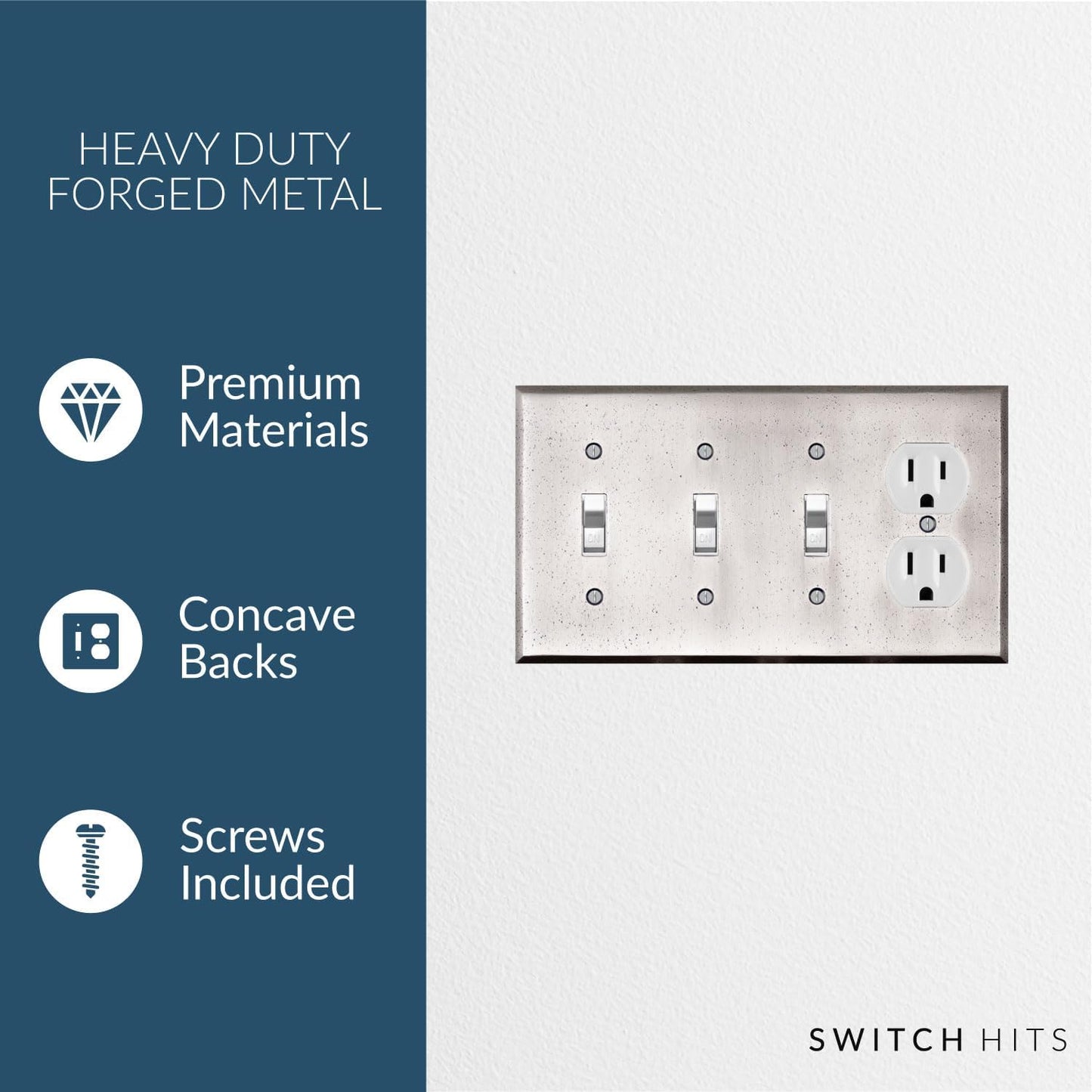 Distressed Antique Pewter Outlet Wall Plate | 3 Toggle - 1 Duplex | 8.25" x 4.5" | Hand-Polished Brass Construction