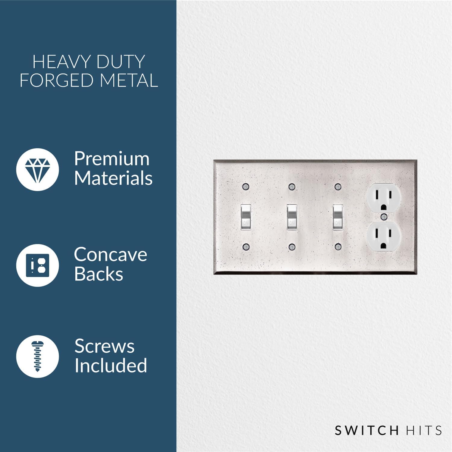 Distressed Antique Pewter Outlet Wall Plate | 3 Toggle - 1 Duplex | 8.25" x 4.5" | Hand-Polished Brass Construction