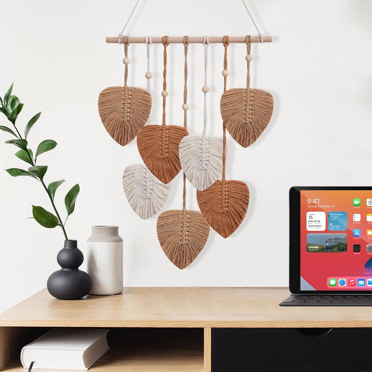 Boho Wall Decor Woven Feather Handmade Yarn Tassels Leaf Macrame Wall Art / Brown