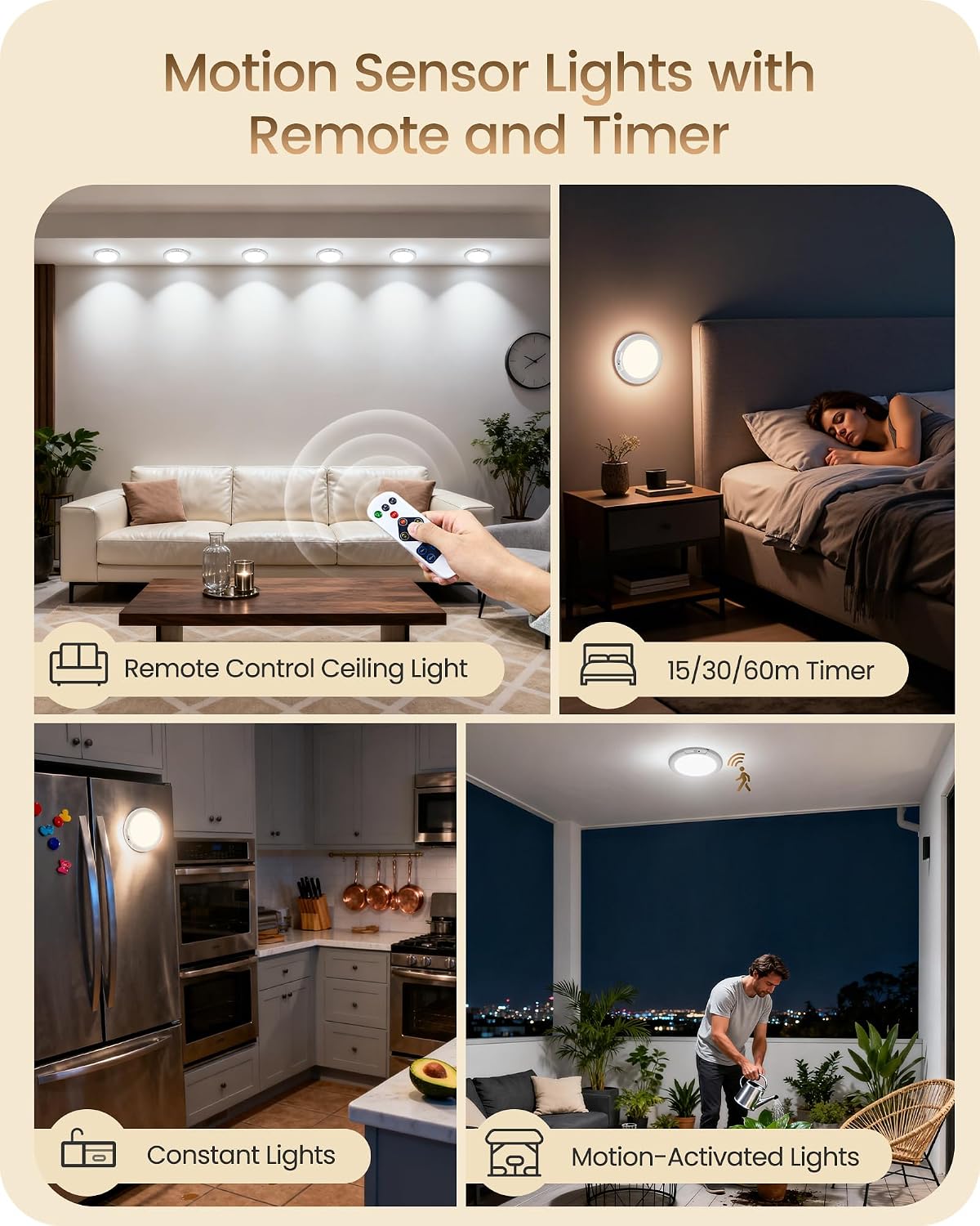 2 Pack Rechargeable Motion Sensor Ceiling Lights with Remote, Wireless Ceiling Light Battery Operated, Magnetic, 3CCT
