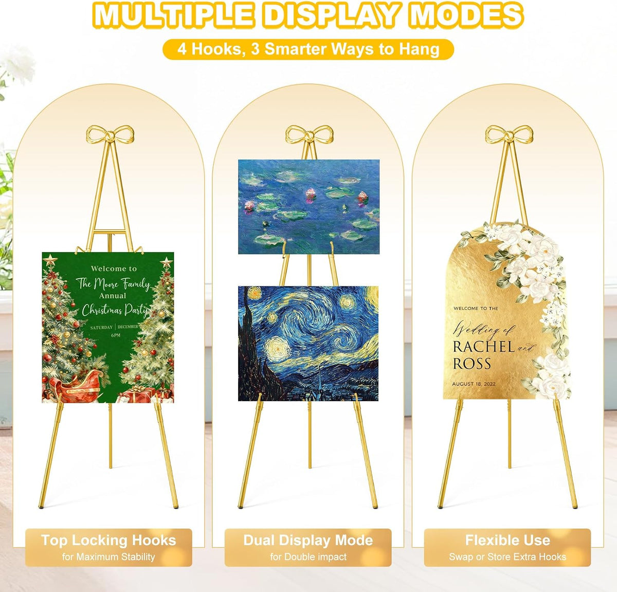 Interchangeable Bow & Star Top Gold Easel Stand for Sign, 62"–47" Height Adjustable Heavy Duty Wedding Easel Stand with