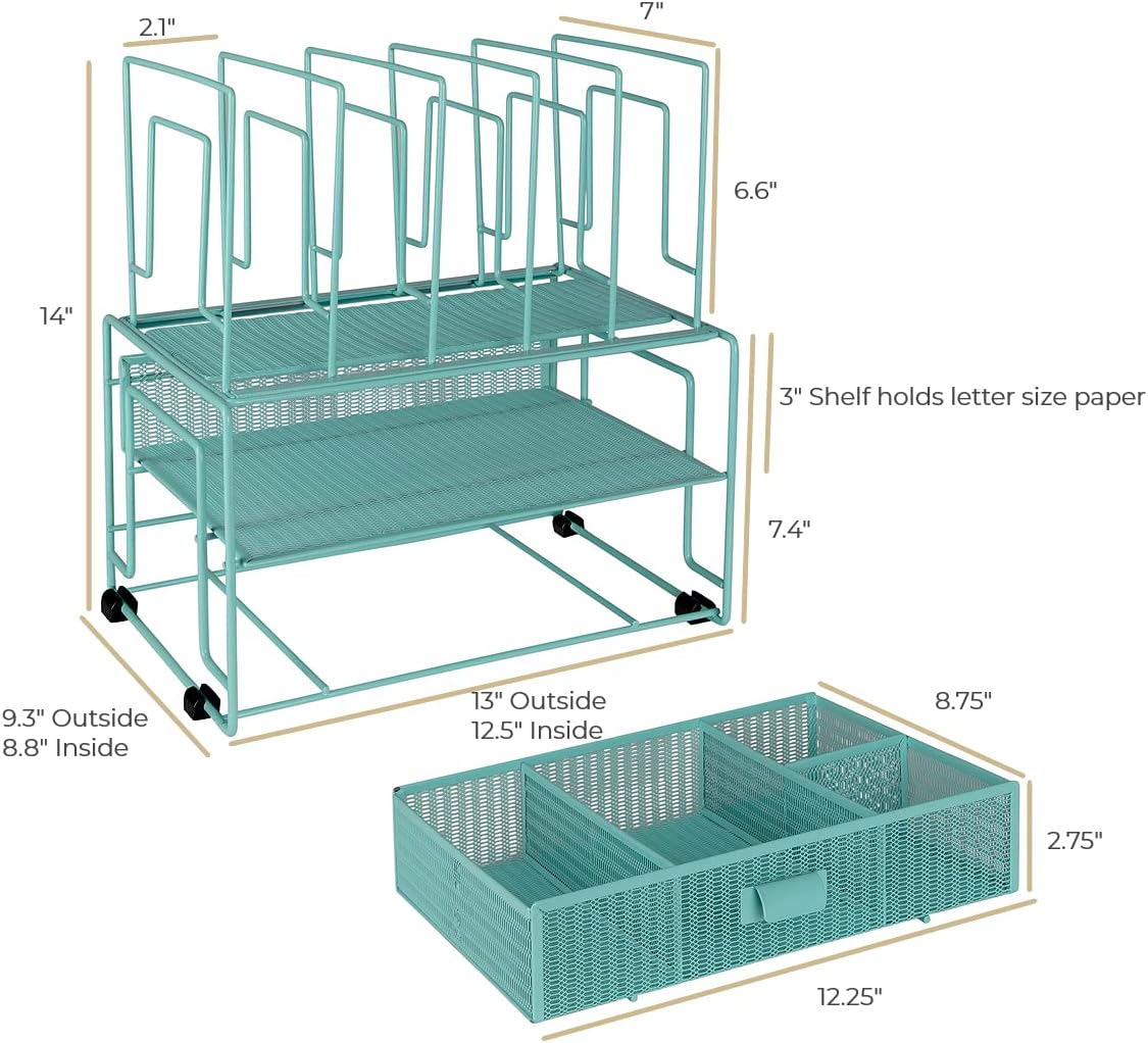 BLU MONACO Mint Green Desk Organizer With File Sorters and Drawer | Metal Mesh Desktop Storage for Office Supplies