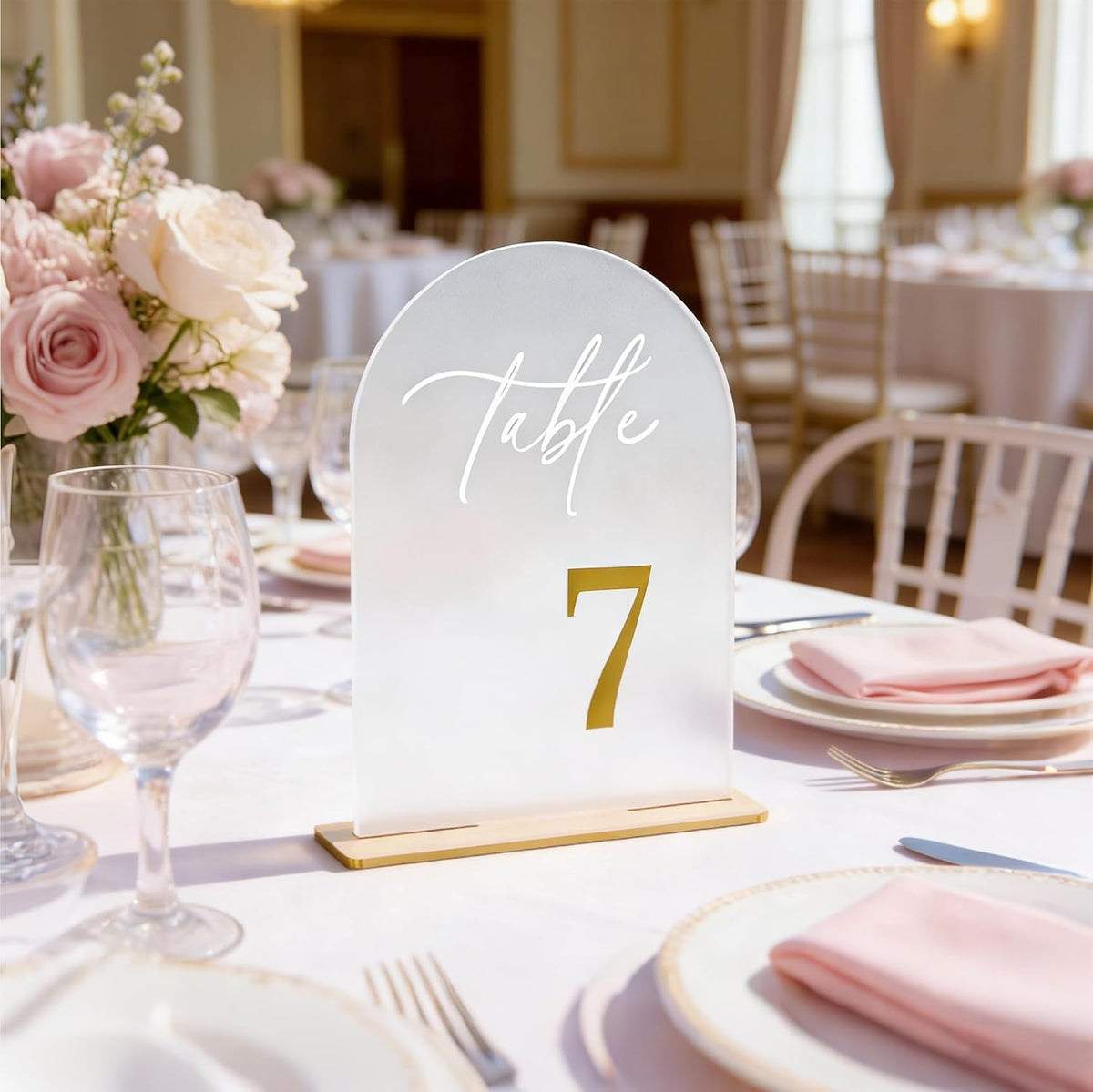 Frosted Wedding Table Numbers 1-15 with Stands - 5.5x7 Inch | Arch table Signs, Non-reflective, Elegant Gold 3D