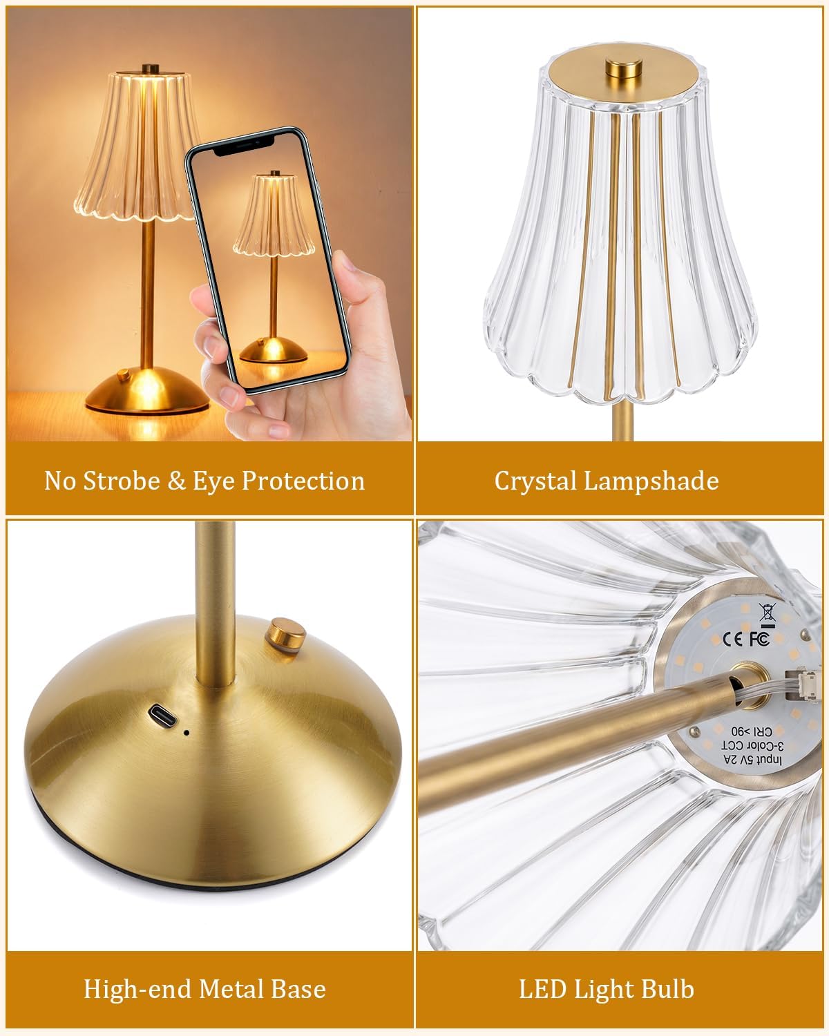 Nusogon Rechargeable Cordless Table Lamp, Gold Touch Crystal Desk Lamp | 3 Color Dimmable LED Small Lamp, Battery