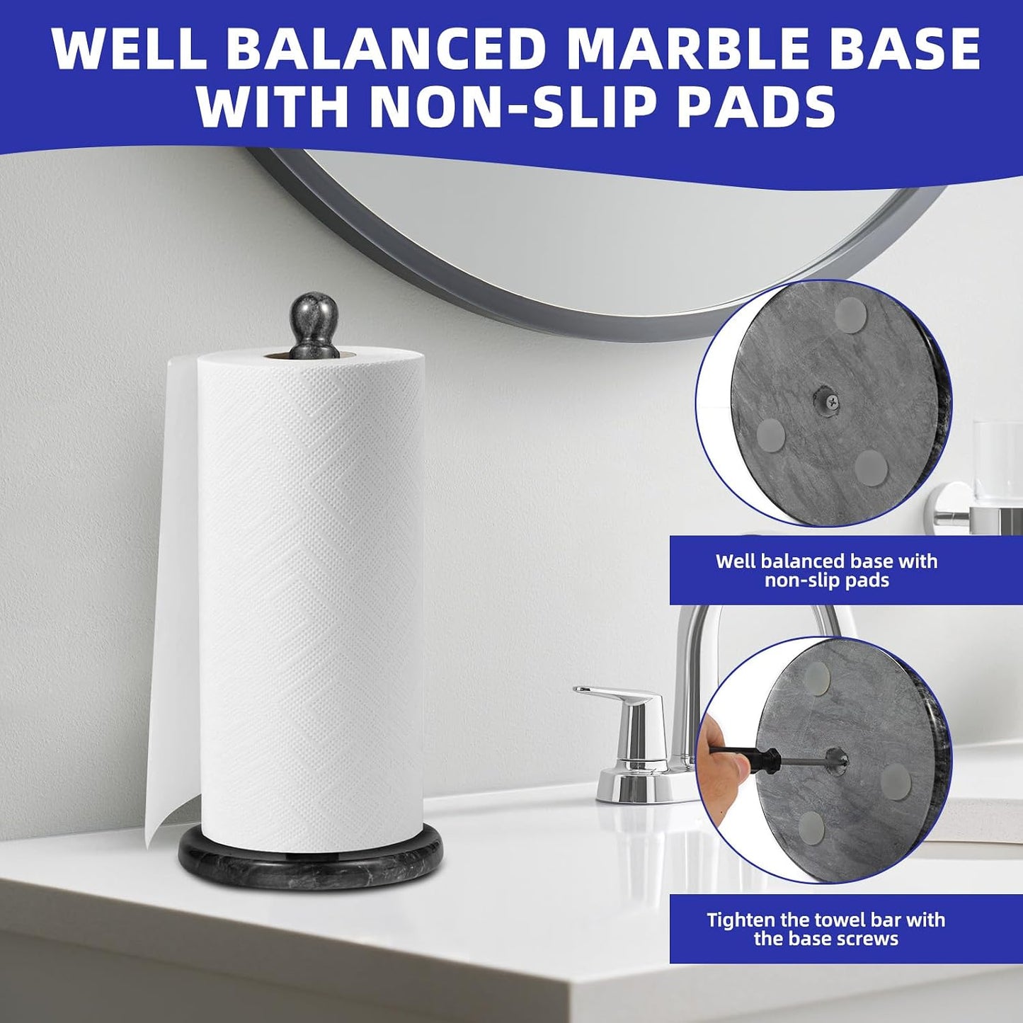 Natural Marble Paper Towel Holder for Kitchen Countertop - 2.6 lbs Heavy Duty Weighted Base for One-Handed Tearing