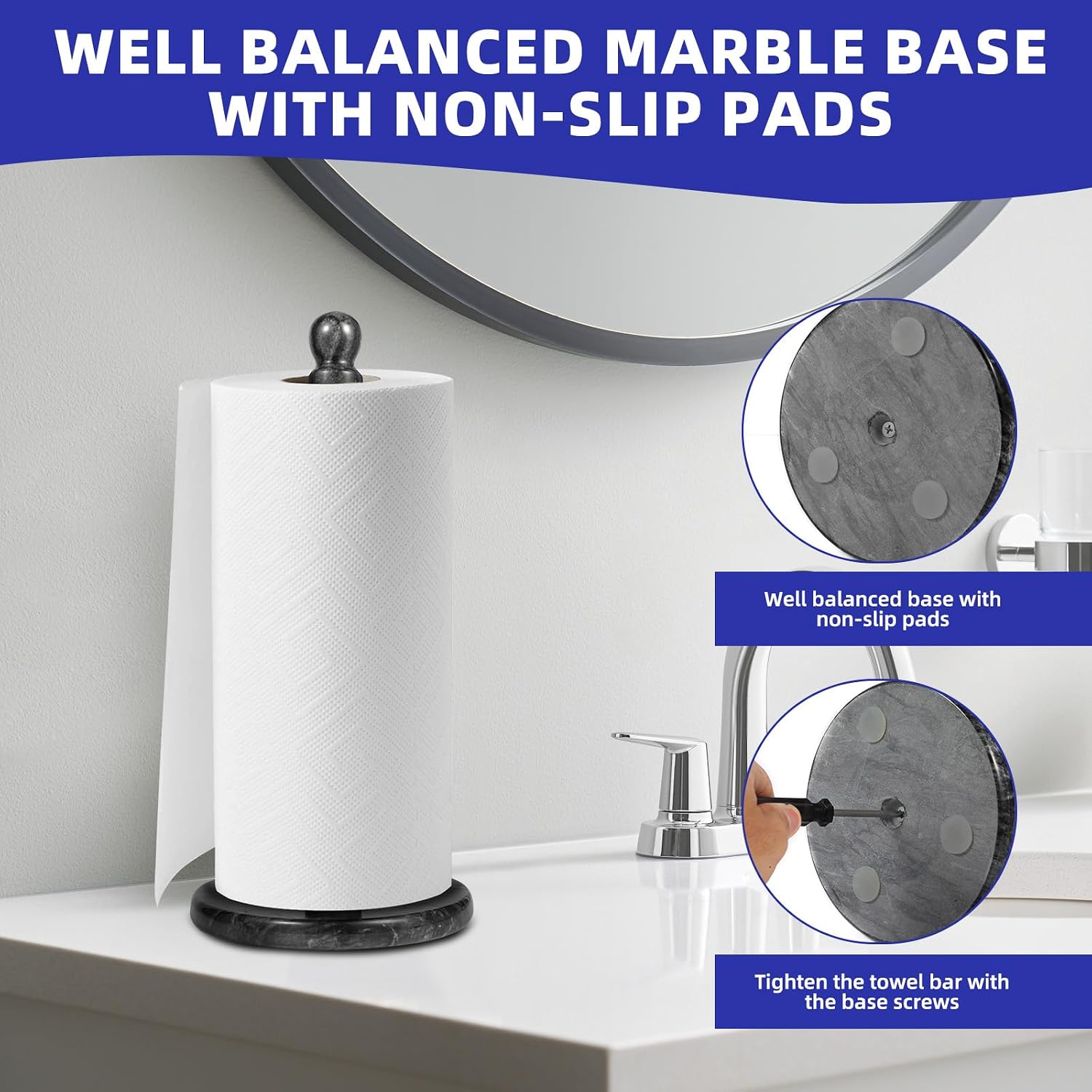 Natural Marble Paper Towel Holder for Kitchen Countertop - 2.6 lbs Heavy Duty Weighted Base for One-Handed Tearing