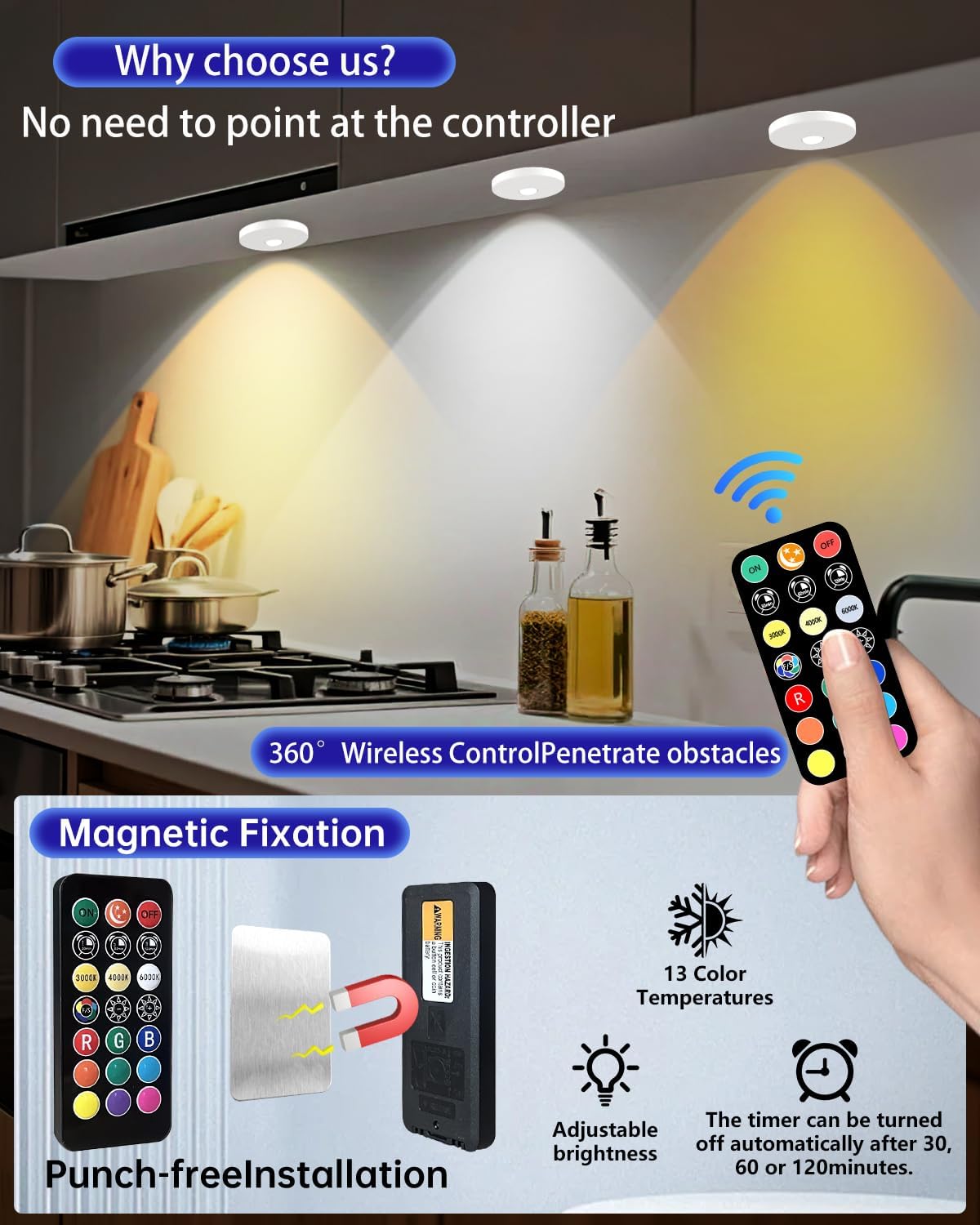 Puck Lights with Remote, 2000mAH Battery Operated, Rechargeable Shelf Light, Wireless,Color Changing Magnetic Light