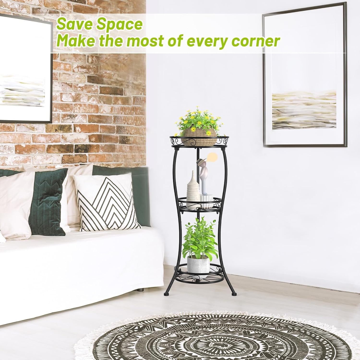 KMOTASUO 3 Tier Metal Plant Stand Tall for Indoor Outdoor Corner, Modern Black