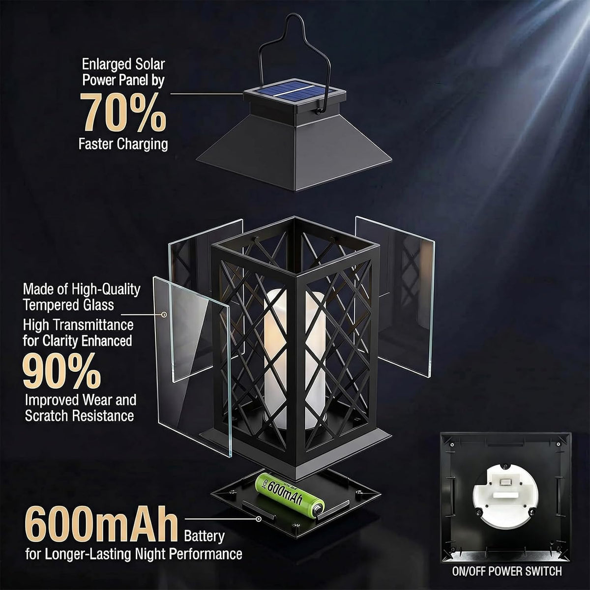 Black Outdoor Solar Lanterns, 14'' Large Solar Lanterns Outdoor Waterproof | Tempered Glass Outdoor Lanterns with
