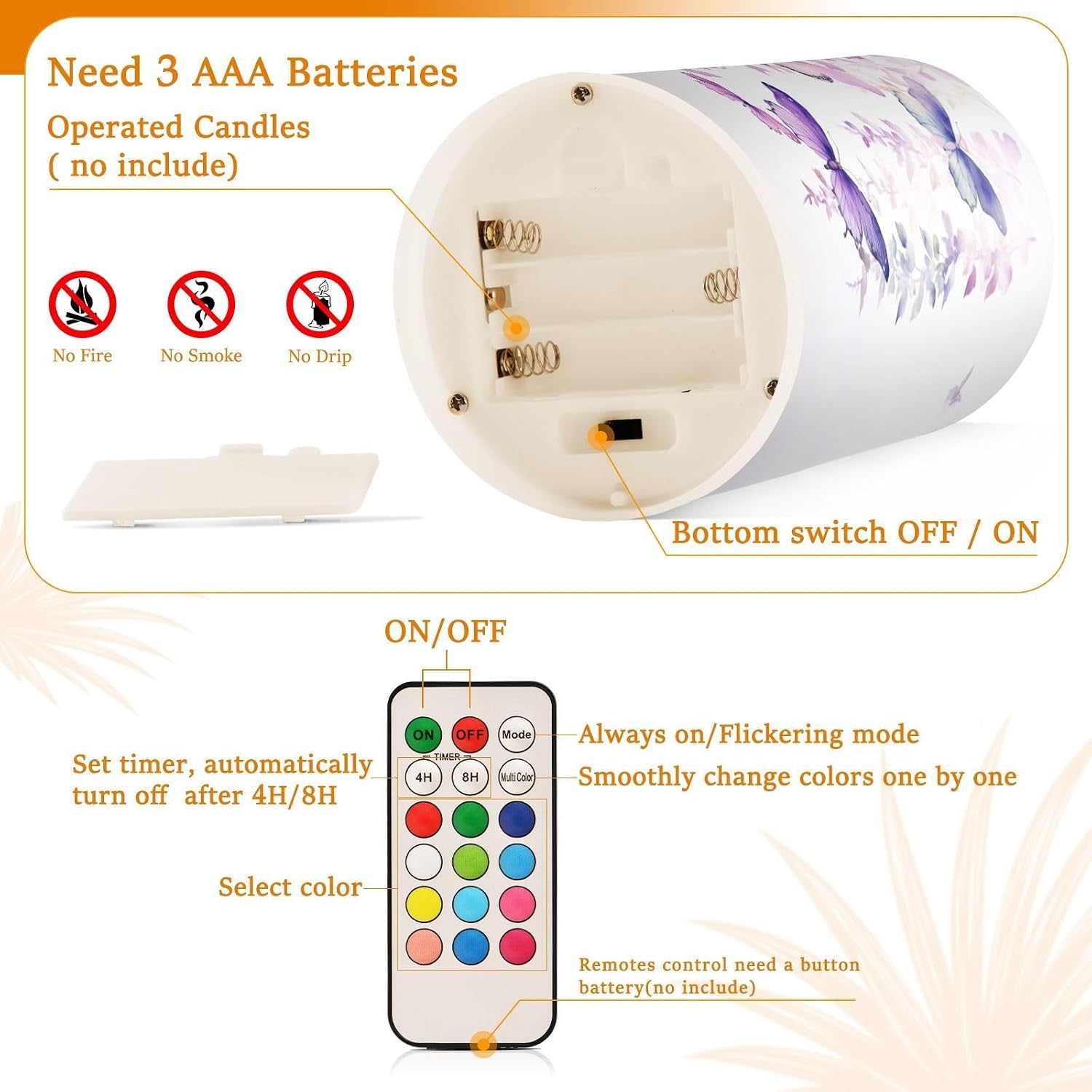 Flickering Flameless Candles, Butterflies Purple LED Candles with Remote Timer, Set of 2 Battery Operated Candle for
