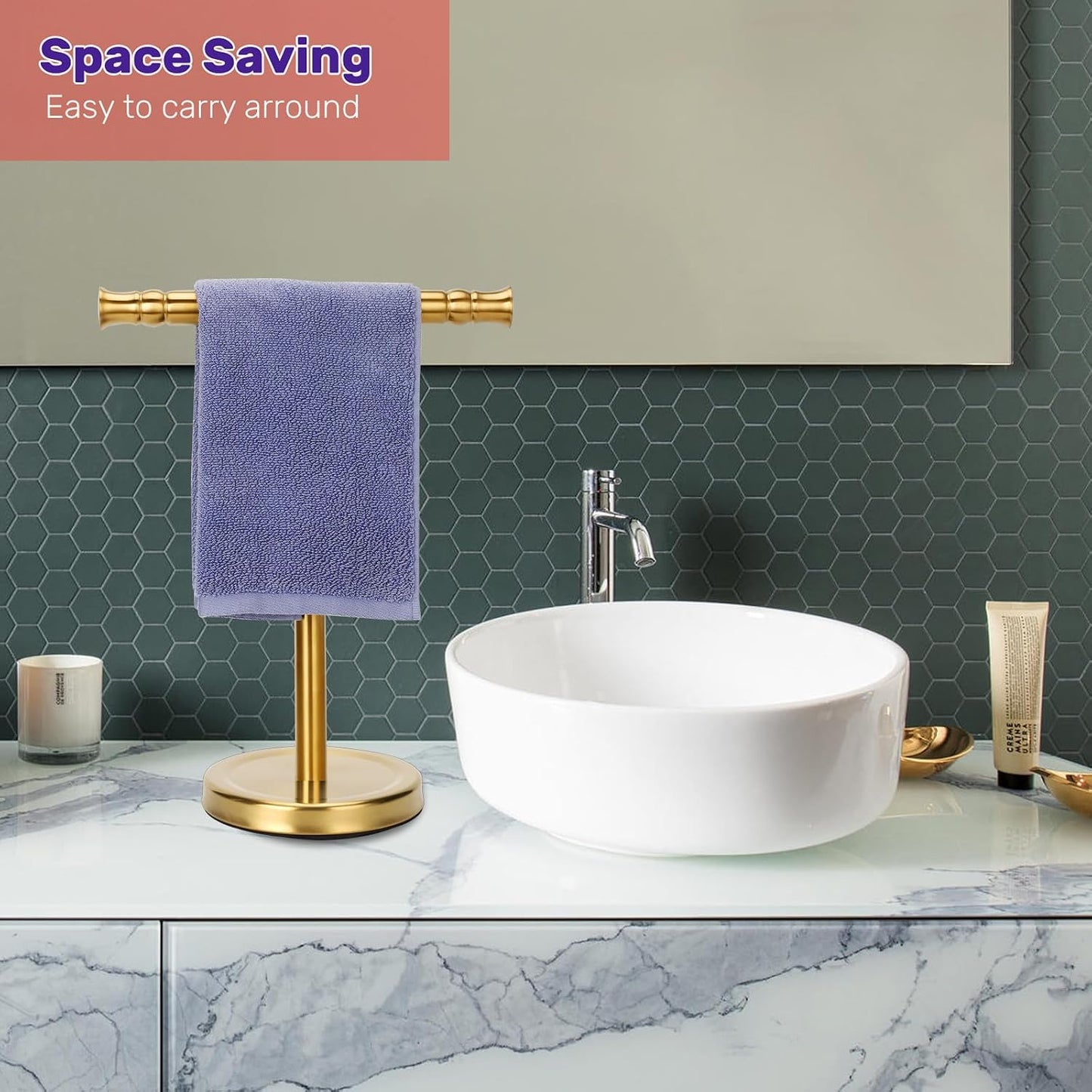 Gold Hand Towel Holder Stand for Bathroom Vanity Countertop SUS304 Stainless Steel T-Shape Free Standing Towel Rack