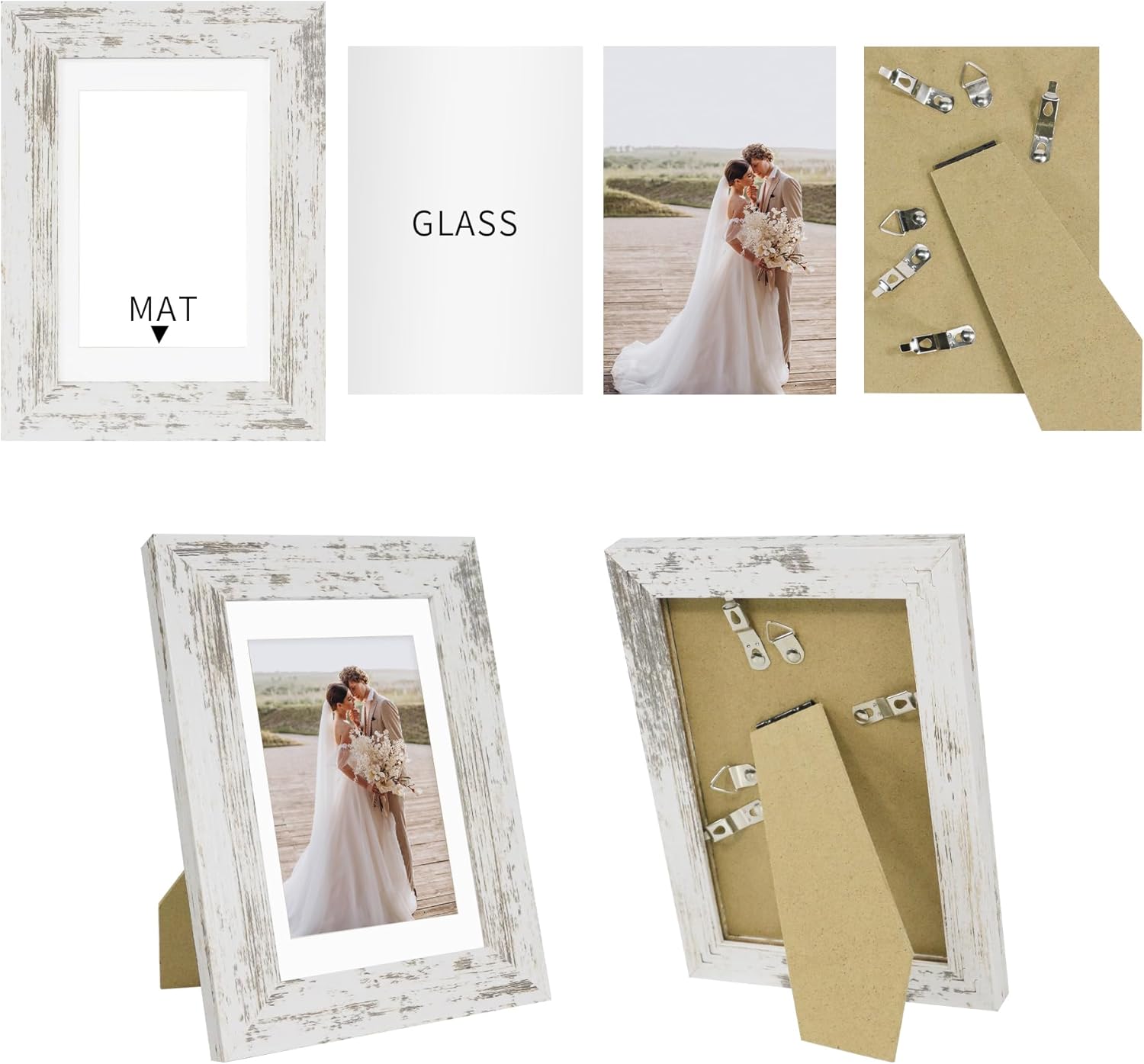 Made of Real Glass and Wooden Frame / Distressed White / 5 x 7 / Set of 2
