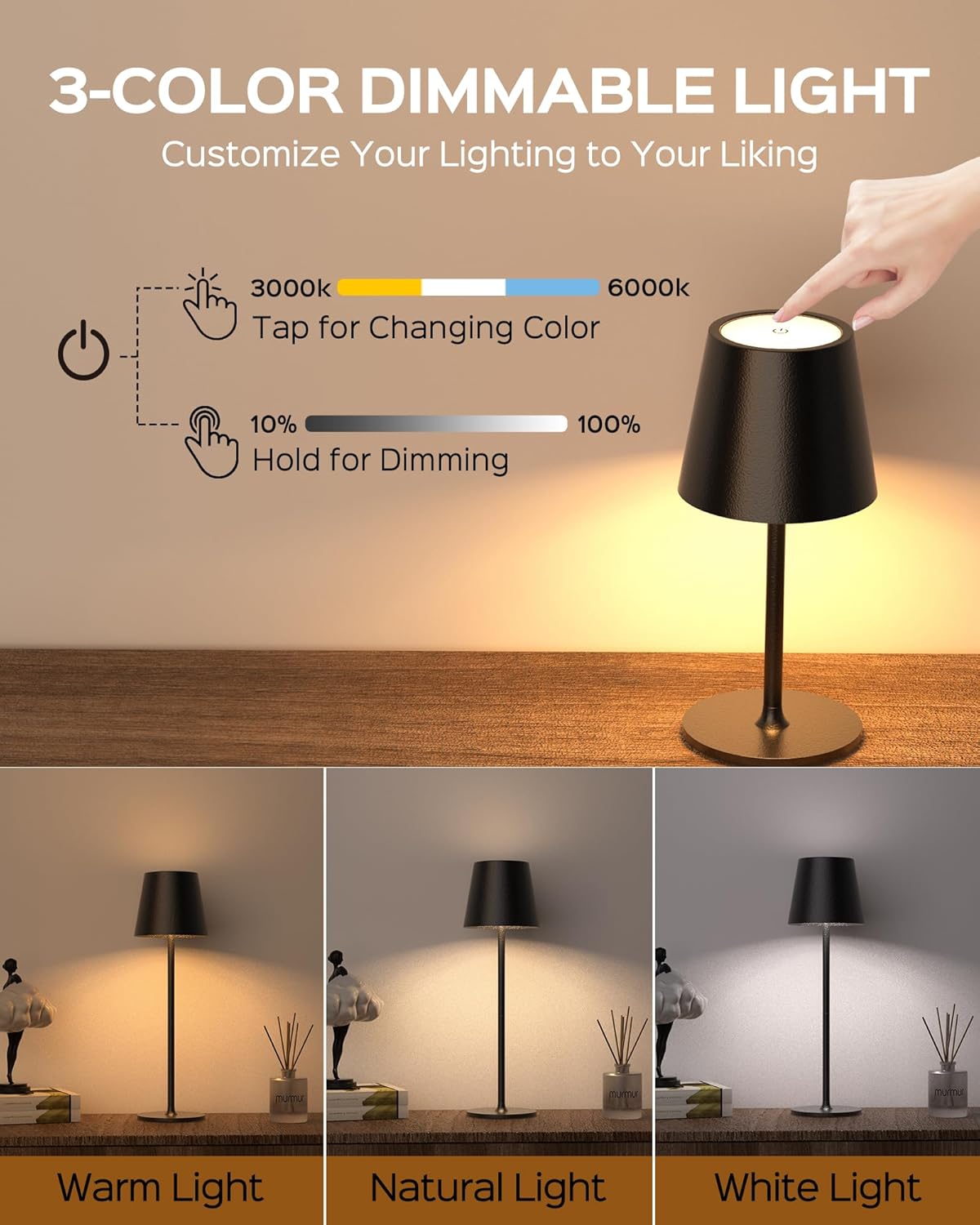 JACKYLED Cordless Table Lamps Rechargeable, 3 Adjustable Height, 5000 Capactiy Operated, 3 Colors Smooth Dimming