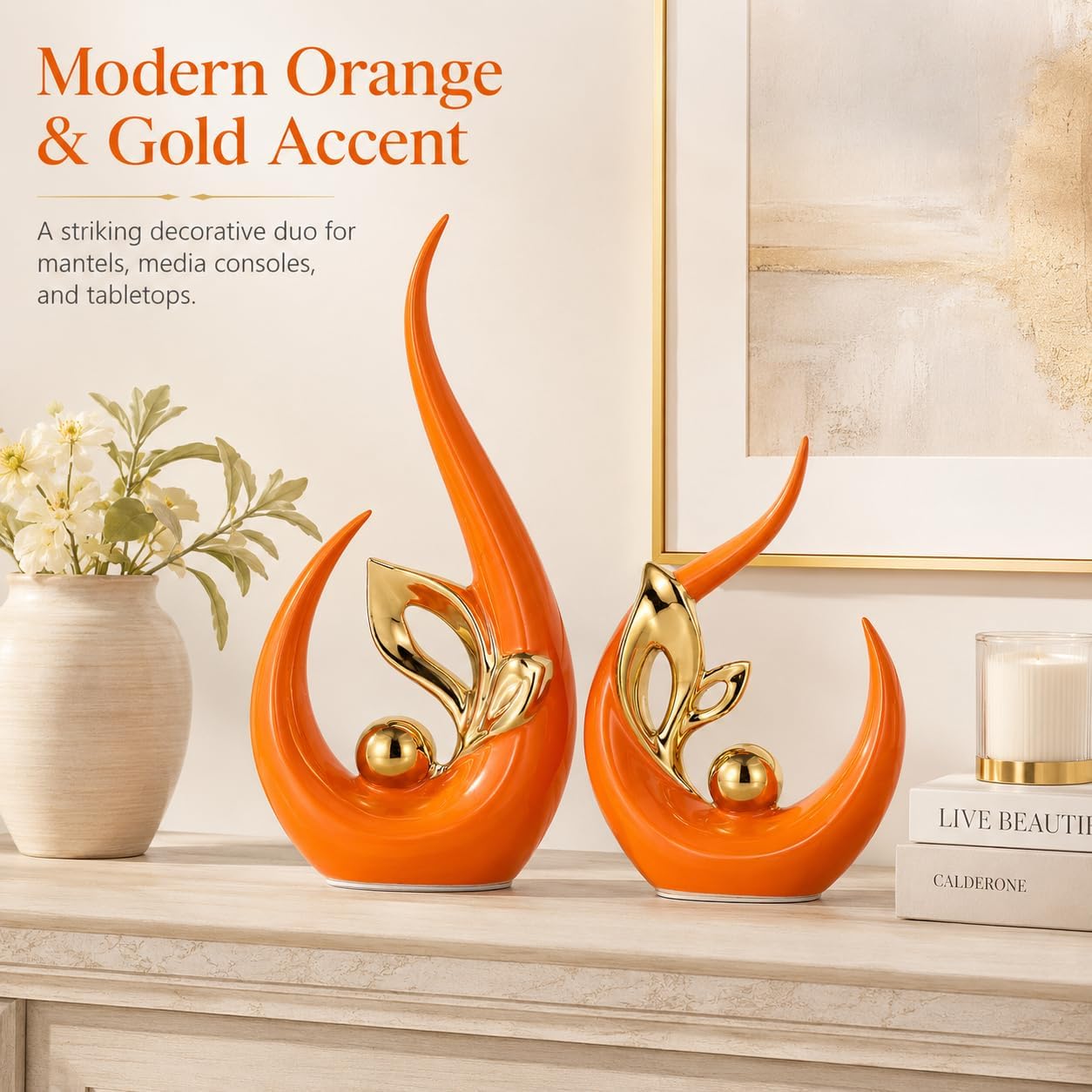Burnt Gold Ceramic Statues / Orange