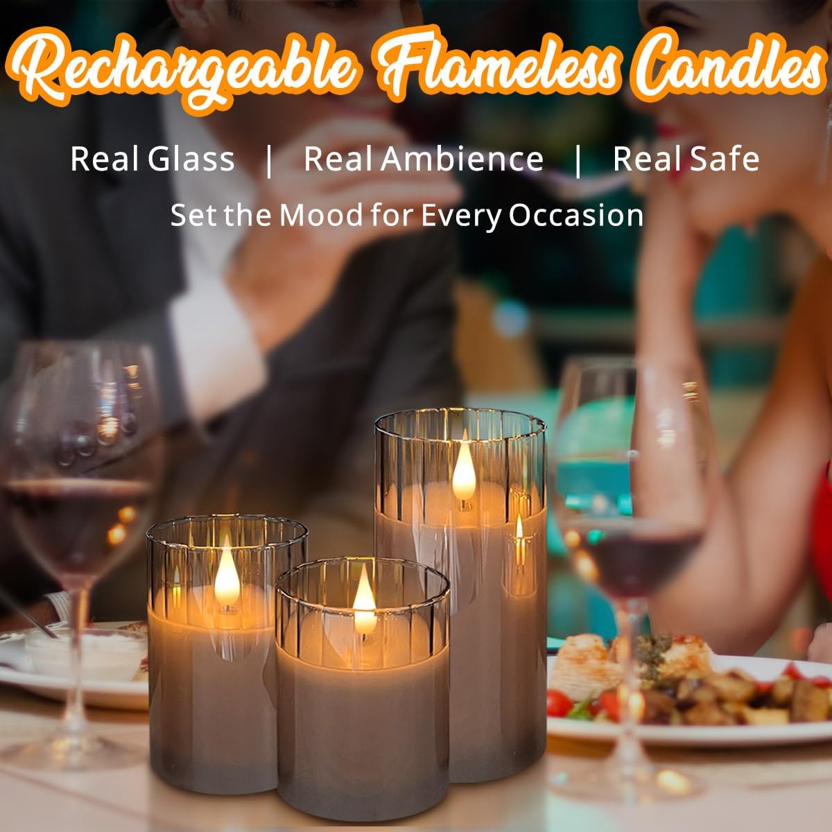 LEDHOLYT Rechargeable Flameless Candle, Flashing LED Pillar Real Wax Candle with Remote Control and Timer, Grey Stripes