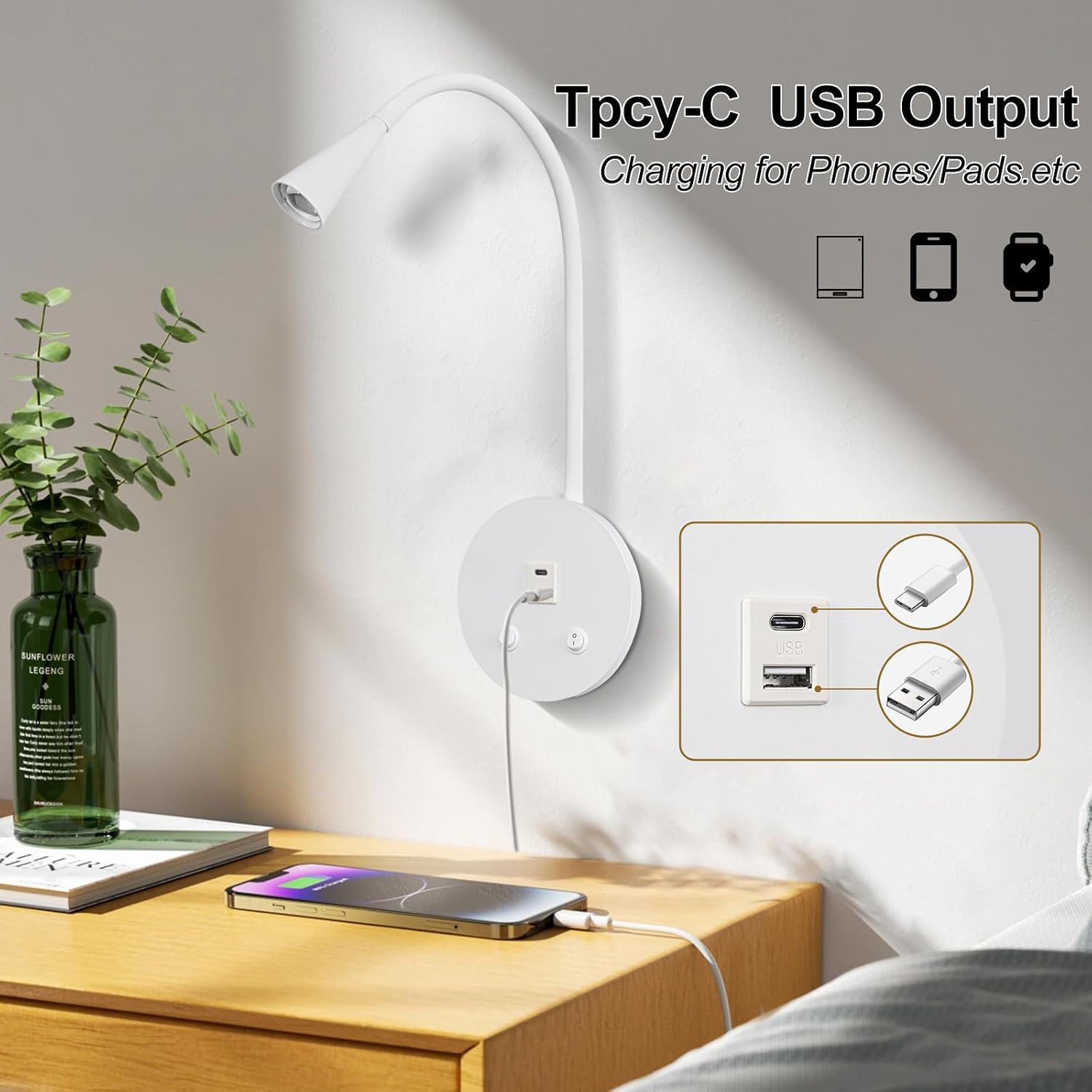 Dimmable LED Wall Reading Lamp - Adjustable Gooseneck Book Light for Bed, USB + Type C Output, 2-in-1 Night Light &