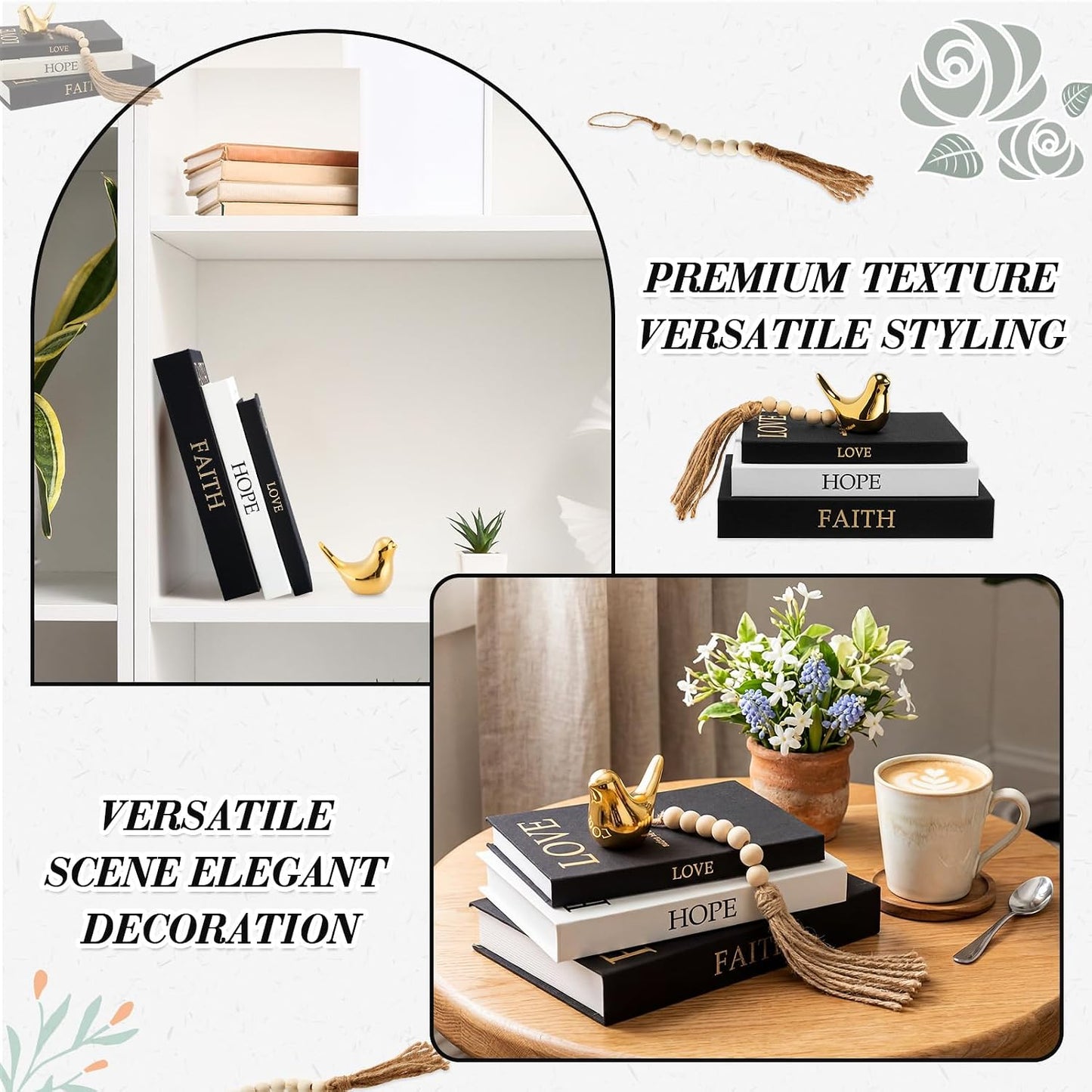 Linen Decorative Books Set Includes Bird and Wooden Beaded Tassel / Classic Colors / Gold / Set of 3