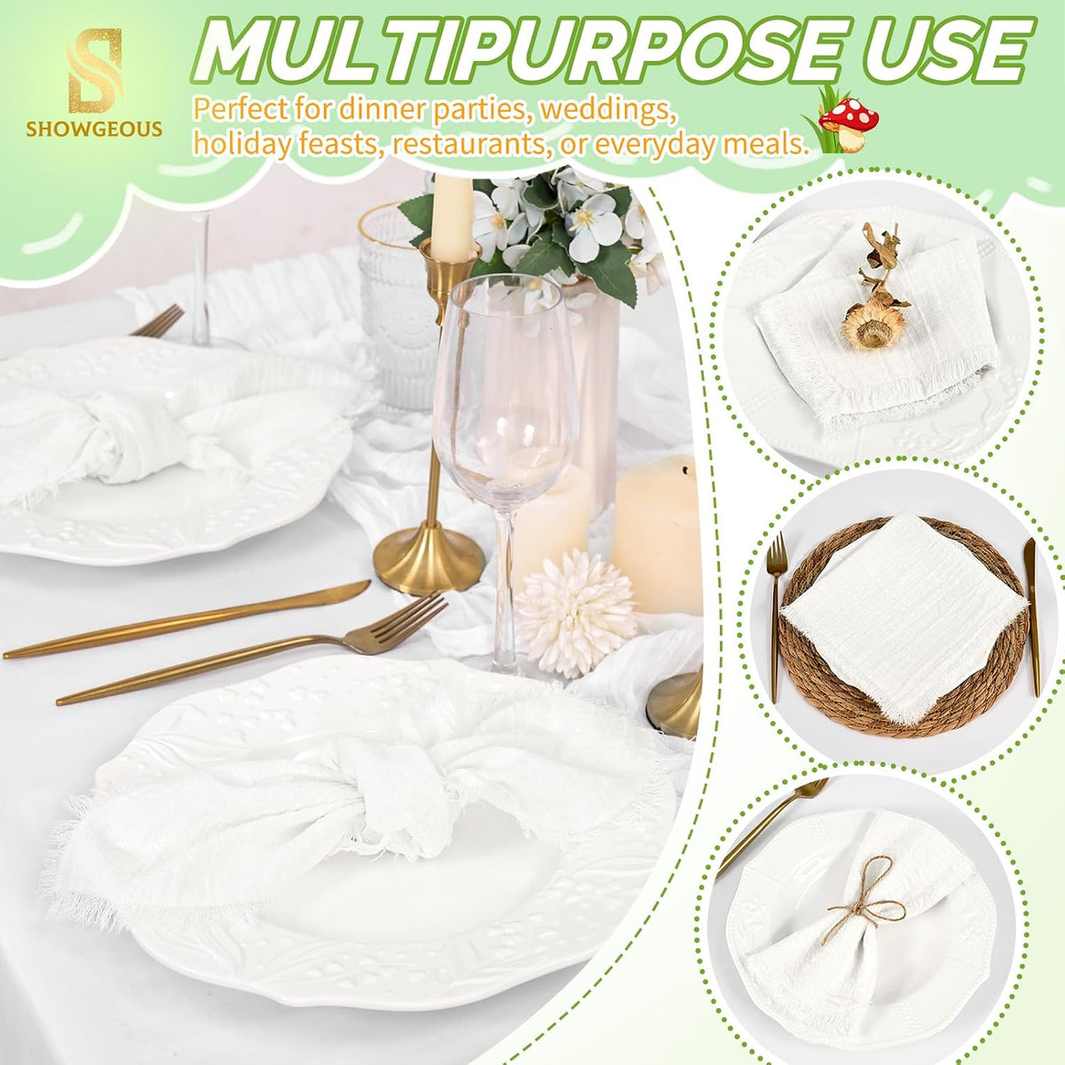 Showgeous 30 Pack White Cloth Napkins with Fringe, 16x16 inch 100% Cotton | White Napkins Handmade Dinner Napkins Bulk