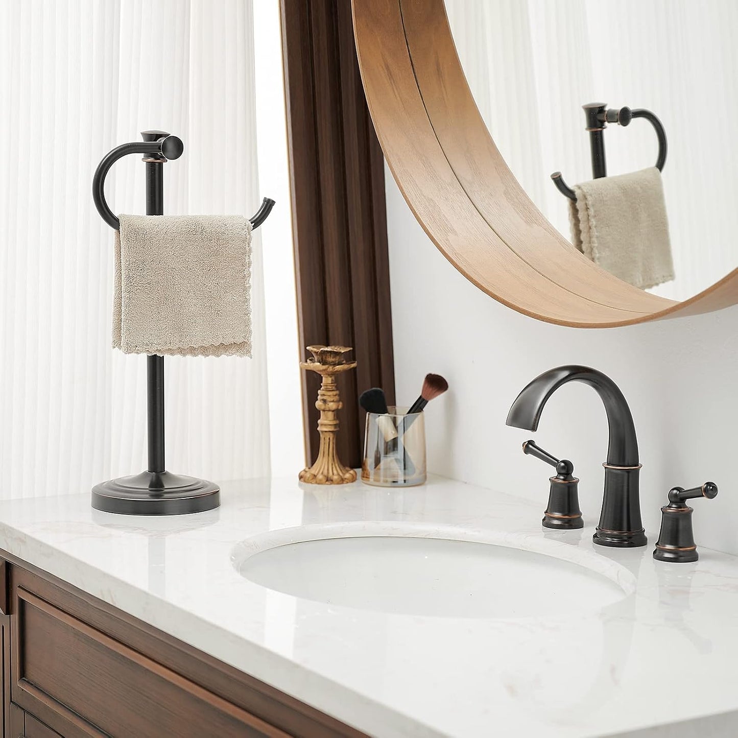 Stand Hand Towel Holder, Countertop Towel Bar, Oil Rubbed Bronze | 17 Inch Bathroom Towel Hanger, Freestanding Vanity