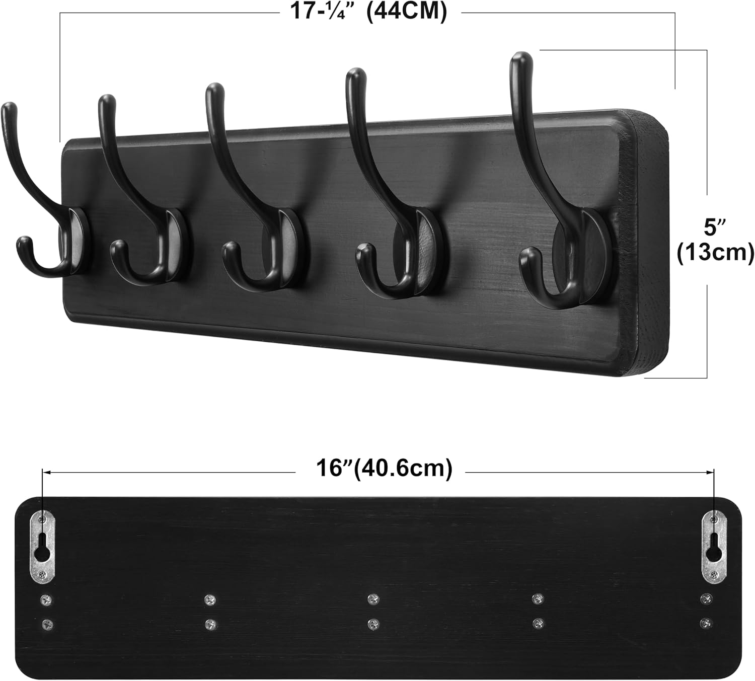 SKOLOO Rustic Wall Mounted Coat Rack, Case of 2, Pine Solid Wood Coat Hook Hanger - 5 Hooks for Hanging Clothes Robes