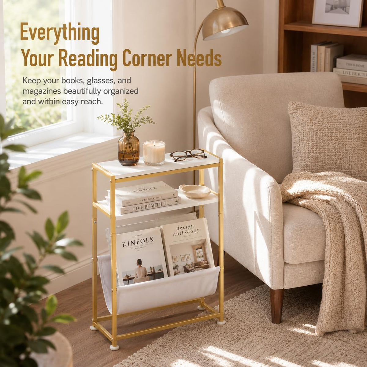 Narrow End Table for Small Spaces - Slim Side Table with Magazine Holder,2 in 1 Design Narrow Coffee Table Living