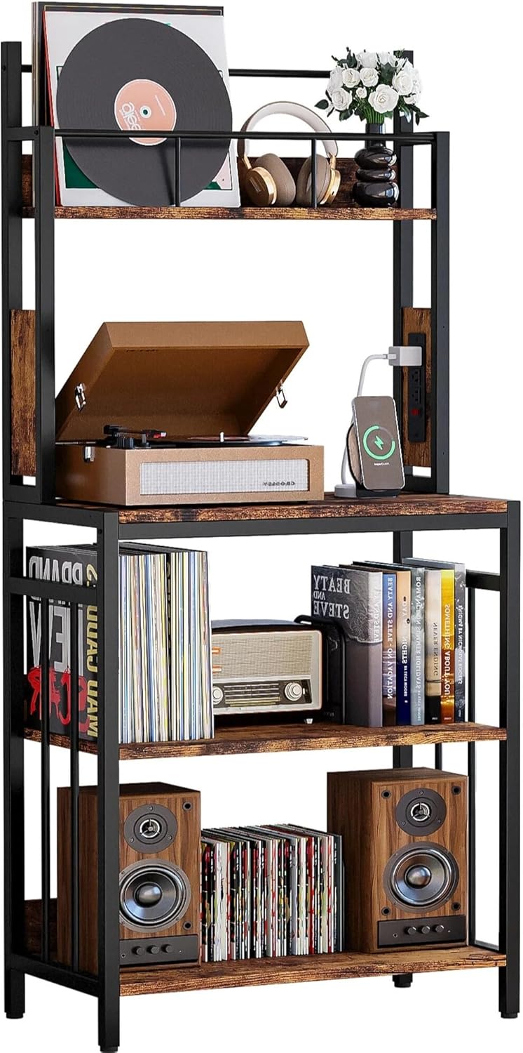 IRONCK Record Player Stand with Storage, Turntable Stand for Living Room | 2-Tier Vinyl Record Shelf with Charge