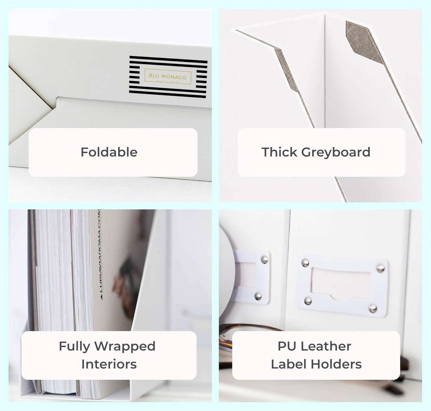 BLU MONACO Set of 6 Foldable White Magazine File Holders | Vertical Desk File Organizer Boxes With Leather Label