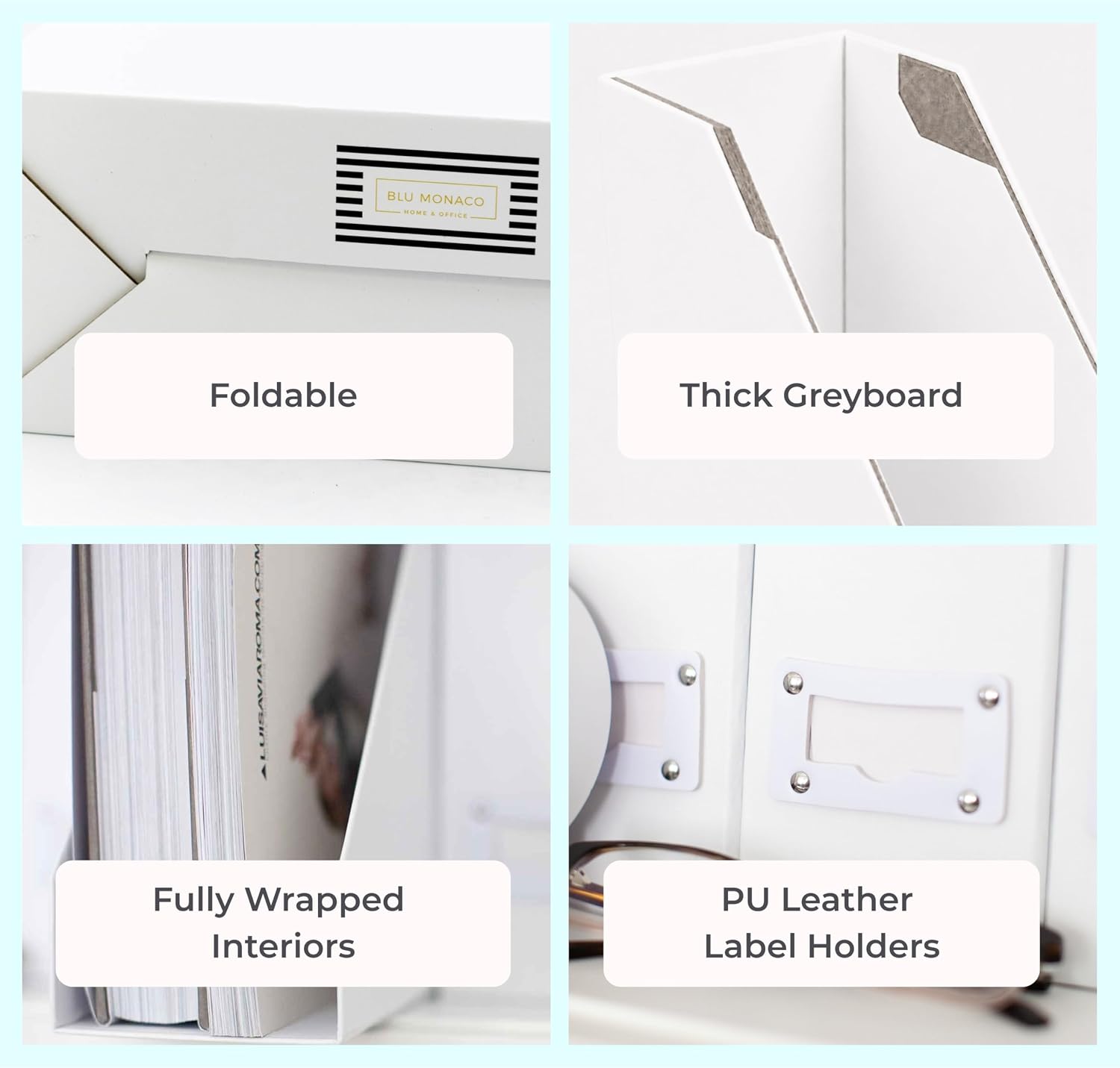 BLU MONACO Set of 6 Foldable White Magazine File Holders | Vertical Desk File Organizer Boxes With Leather Label