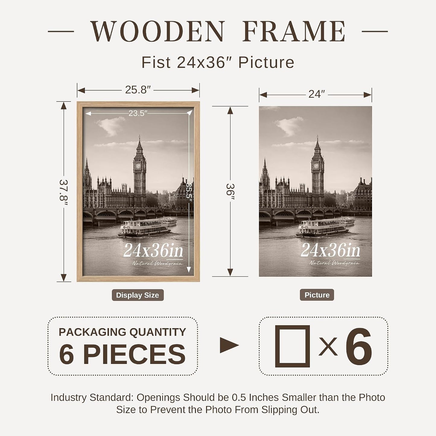 VCK 24x36 Poster Frame Set of 6, Elegant Oak Wood Picture Frame | 1.1in Wide Border, Wall Hanging, HD Plexiglass