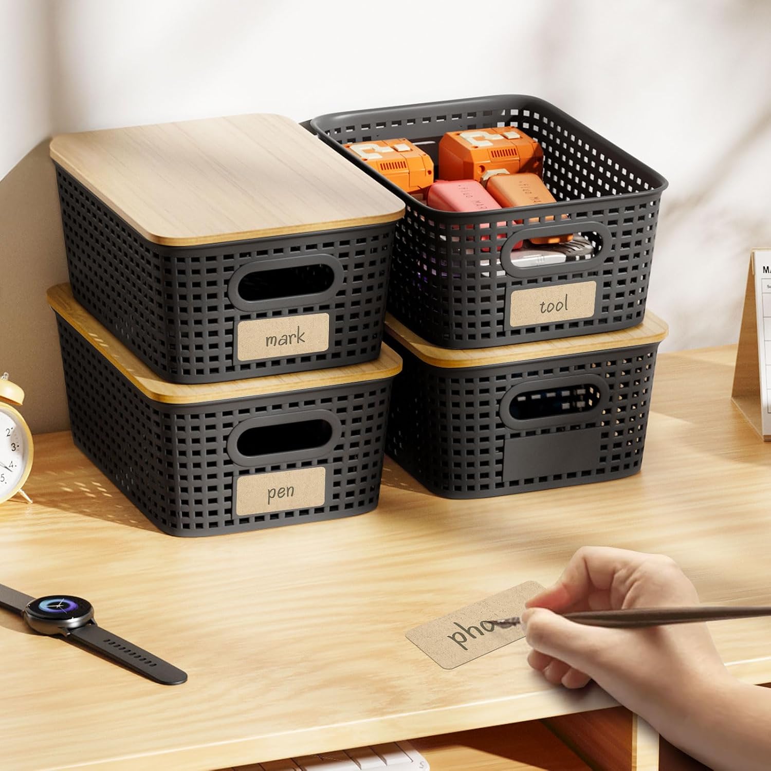 Storage Bins / Stackable Plastic Storage Basket / Black / Set of 6
