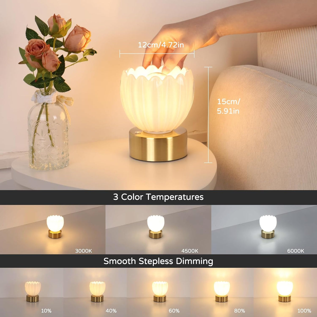Shenmoyl Cordless Small Table Lamp with 5200mAh Battery & Touch Control, Battery Operated Tulip Table Lamp with 3