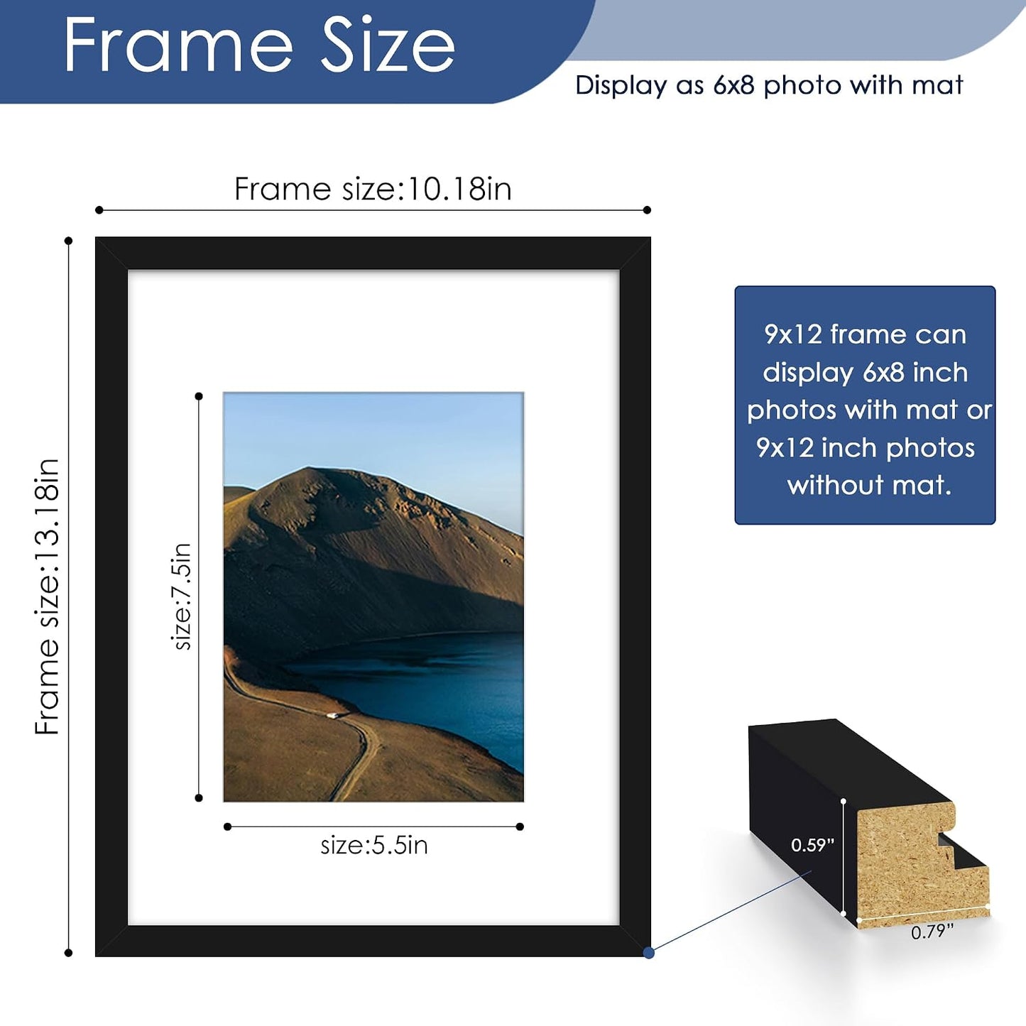 9x12 Picture Frame Set of 6, Wall or Tabletop Display, Black | Display Pictures 6x8 with Mat or 9x12 Without Mat