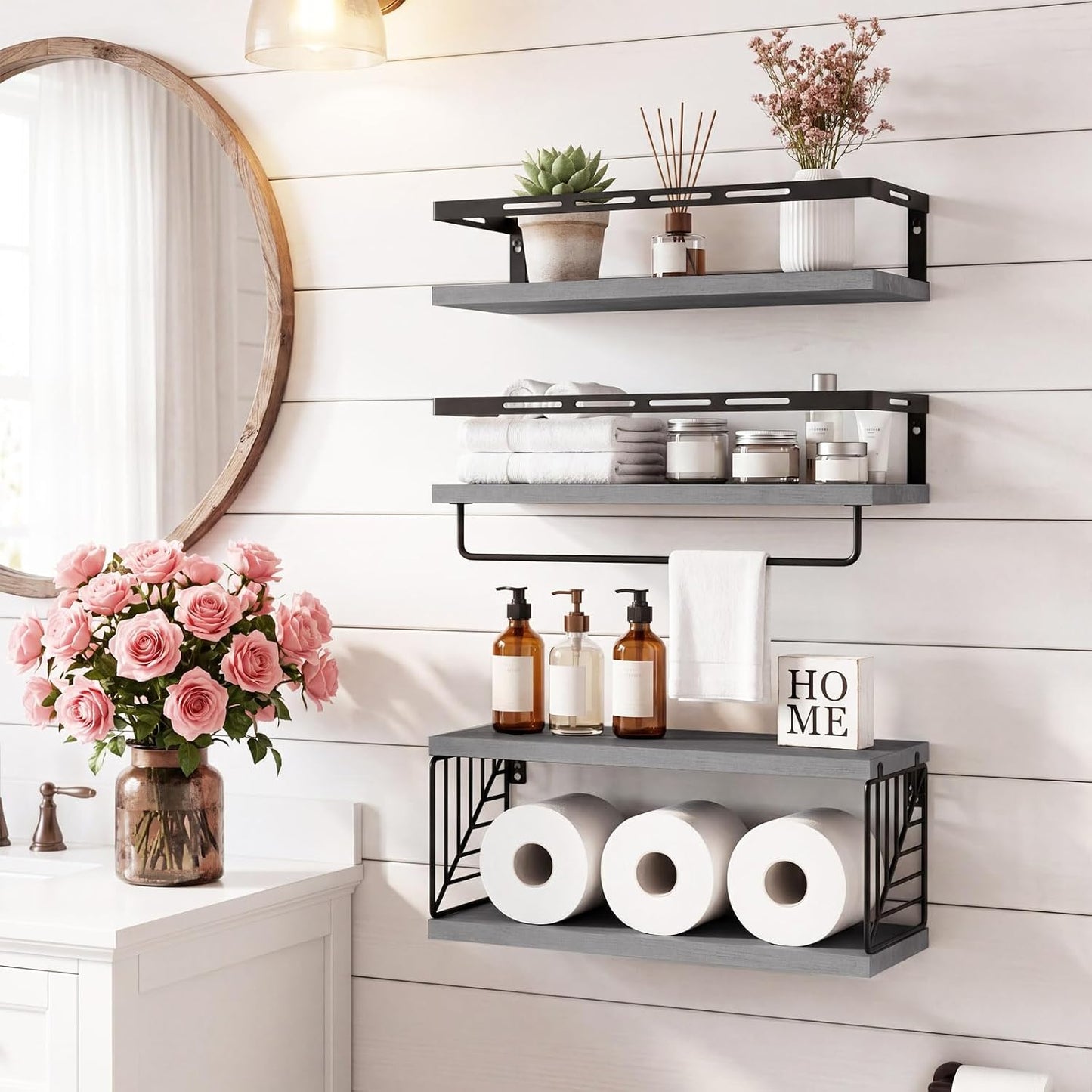 Fixwal Wall Mounted Bathroom Shelves Over Toilet (3+1 Gray) | Wall Shelf with Basket Storage , Towel Bar, Solid Wood