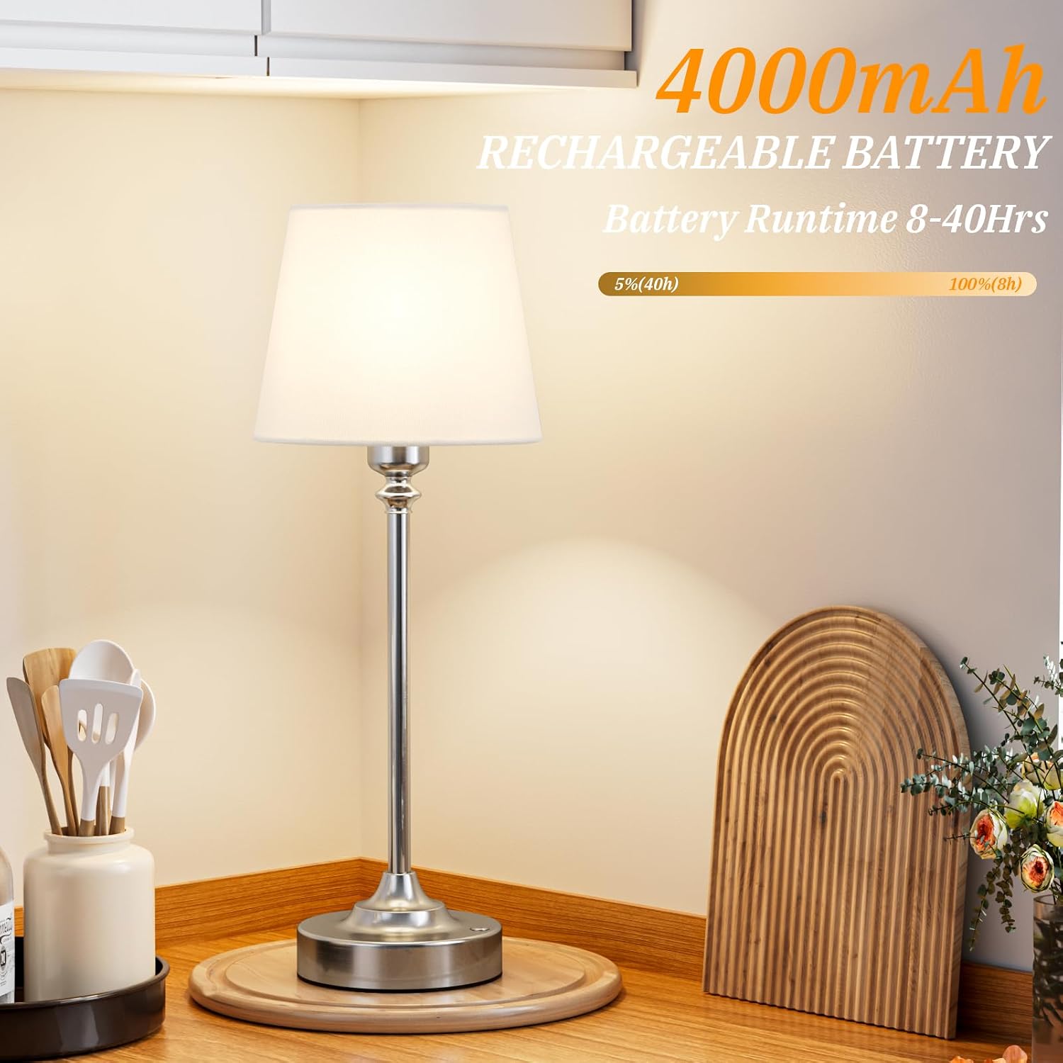 Kakanuo Cordless Table Lamps Rechargeable Set - 2 Pack Silver 4000mAH Battery Operated Lamps for Decor, 3000K Stepless