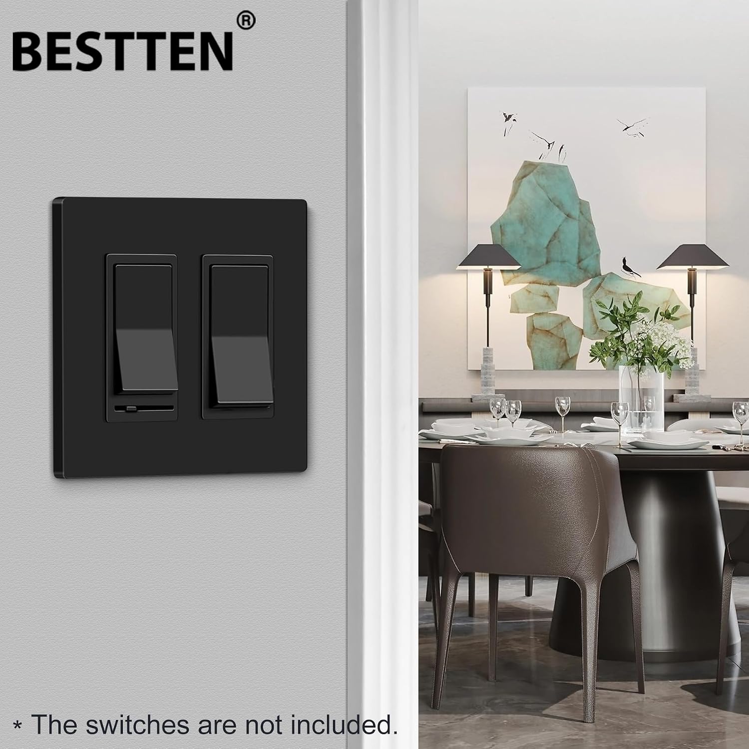 BESTTEN 10 Pack 2-Gang Black Screwless Wall Plate, Decor Outlet Cover, Decorative Switch Plate, Decorator Switch Plate