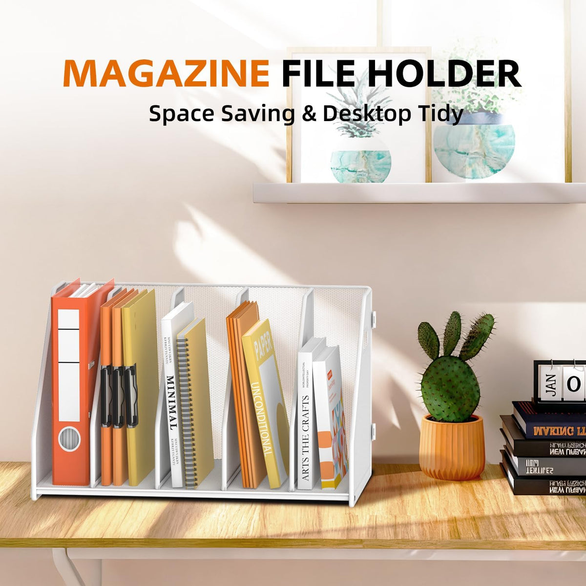 Binder Organizer, Magazine File Holder with 5 Vertical Rack, White | Metal Desk File Organizer & Binder Holders