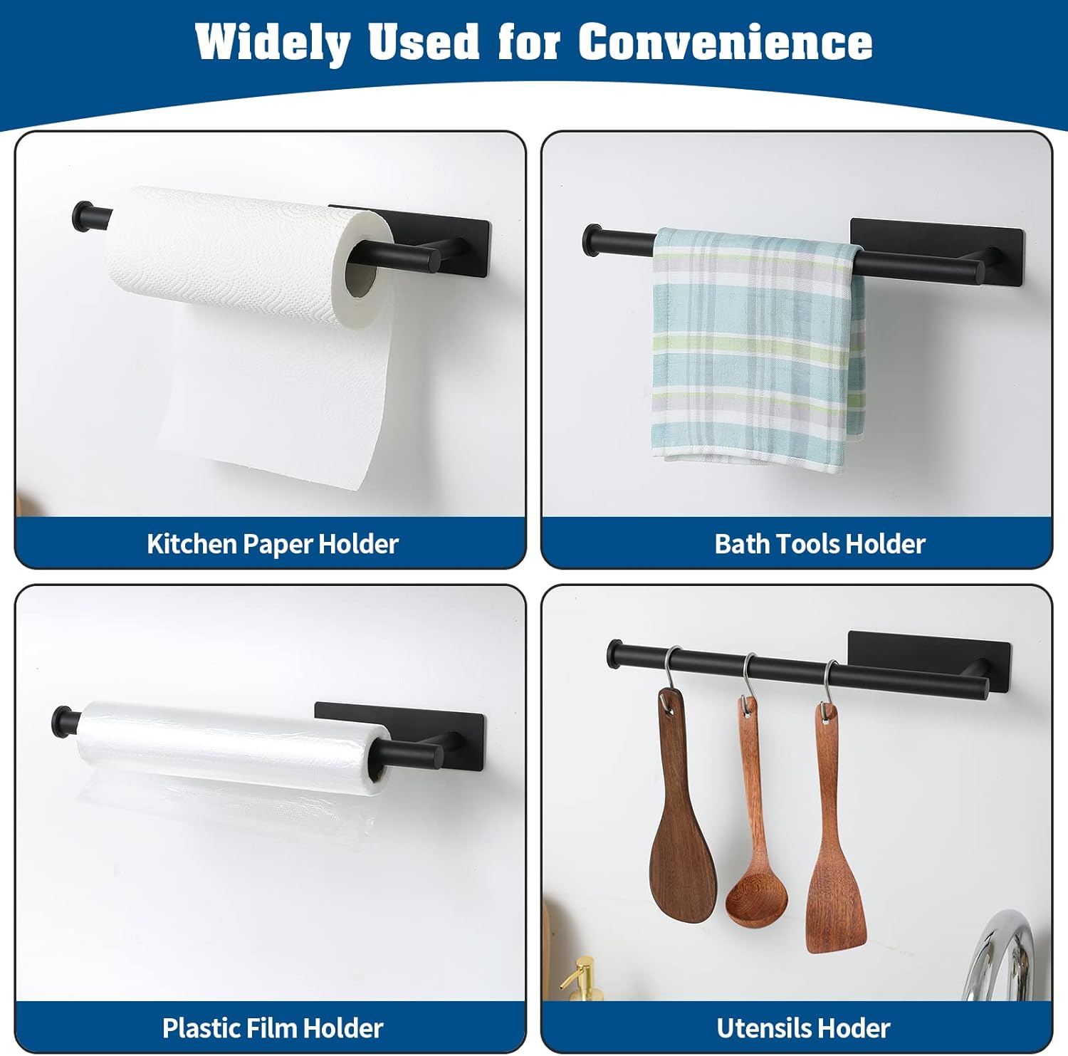 theaoo Under Cabinet Paper Towel Holder for Kitchen, Adhesive, 2 Pack Black | Self-Adhesive or Screw Mount for Cabinets