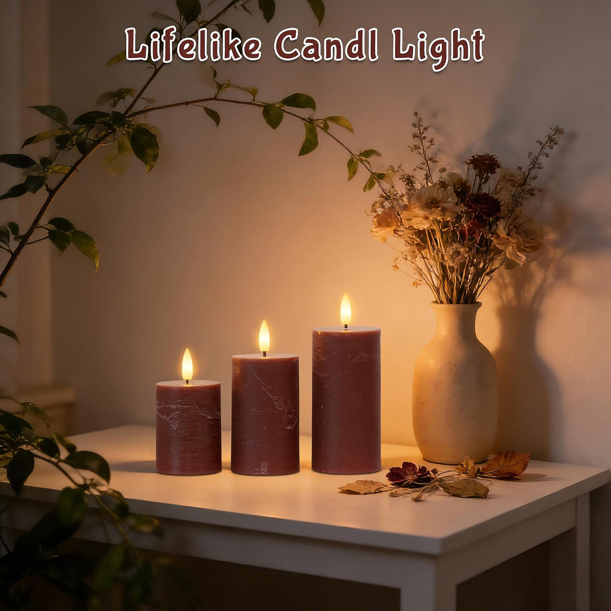 Brown Flameless Pillar Candles with Remote, Battery Operated Candle | Real Wax Flickering LED Decorative Candles, Warm