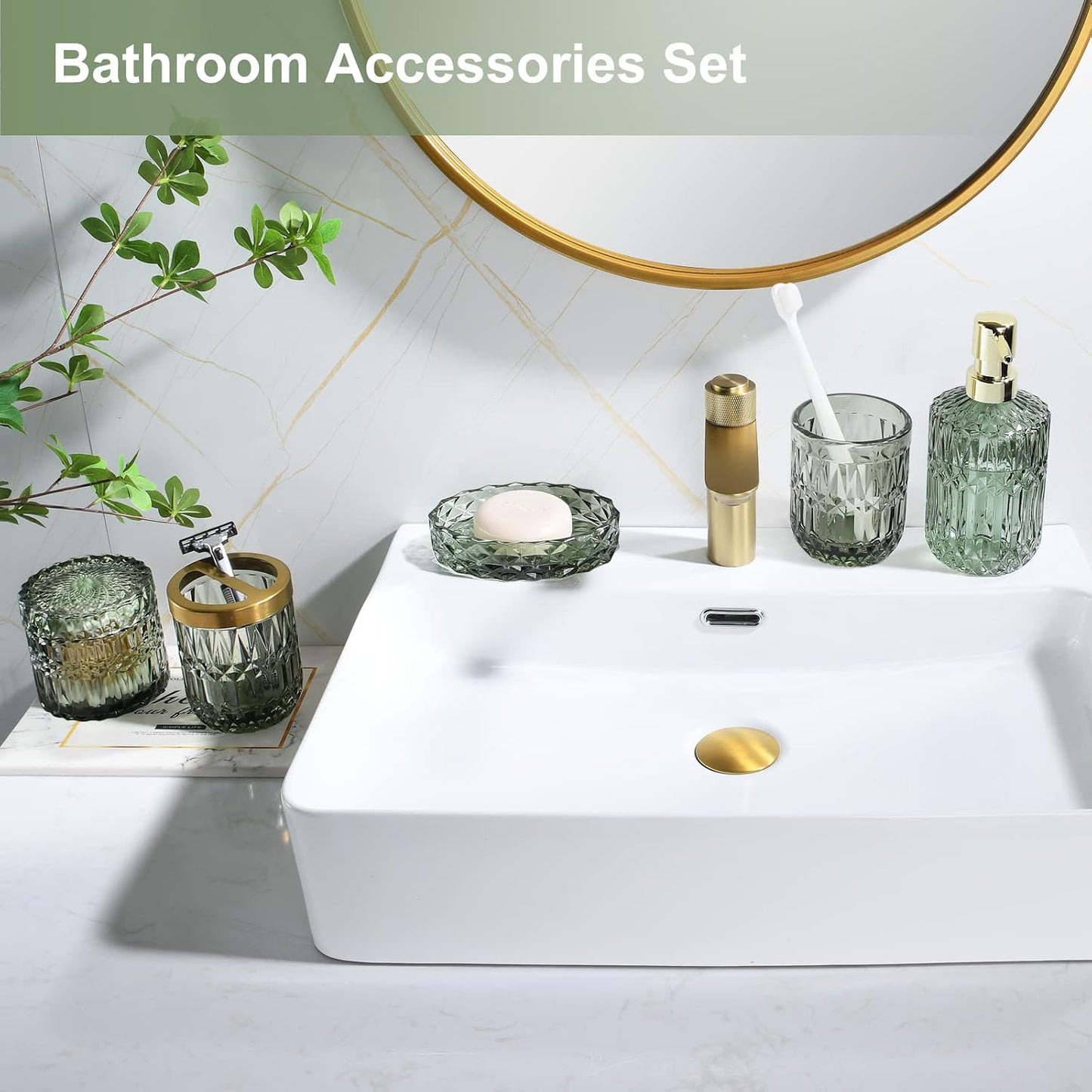 LaMarriti Green Bathroom Accessories Set, 6 Pcs Clear Glass Bathroom Set, Soap Dispenser, Soap Dish, Toothbrush Holder