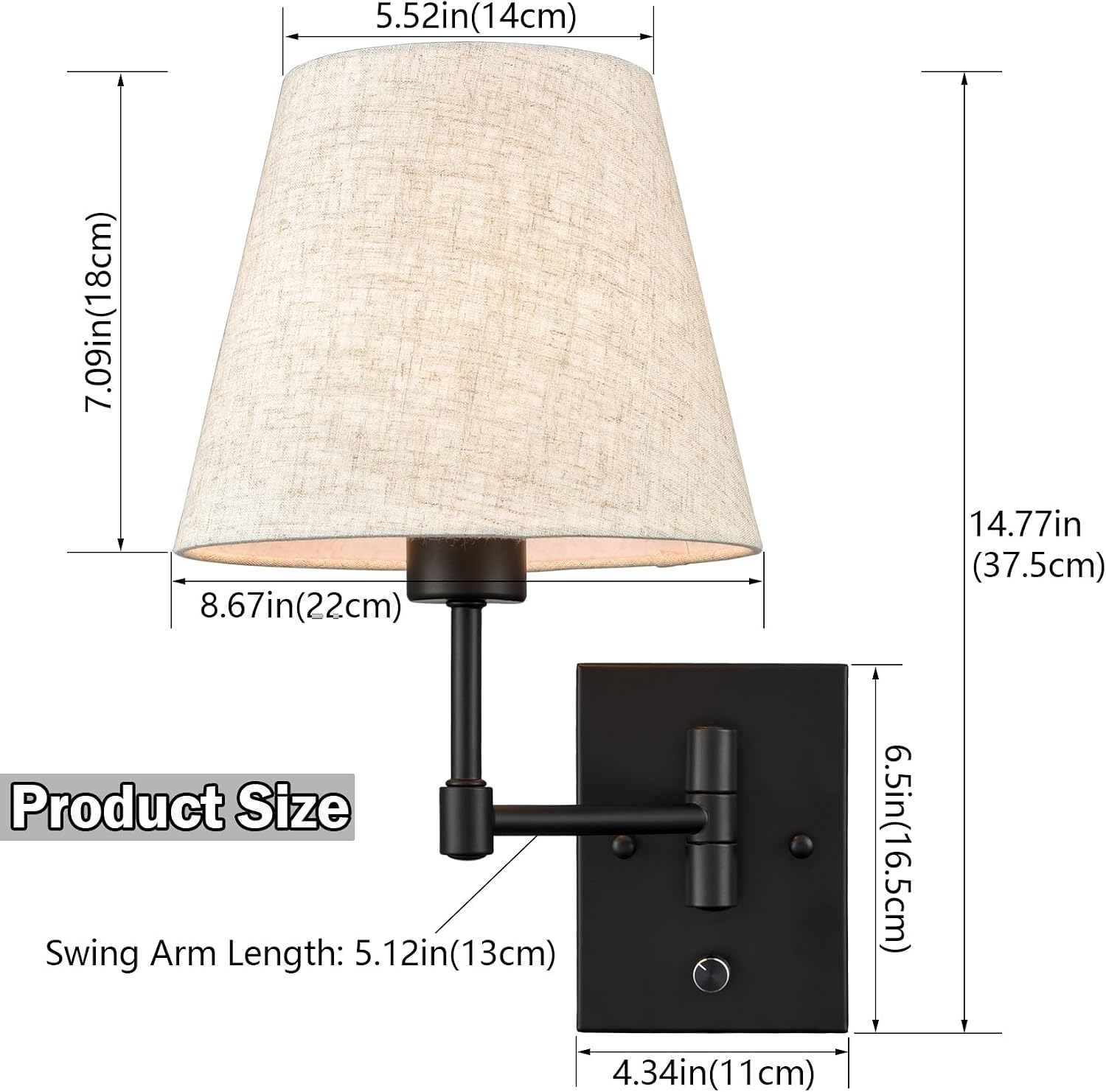 SAMTEEN Swing Arm Wall Sconces Set of Two Modern Black Sconce Light Plug in Wall Sconce with Shade, Black Swing Arm